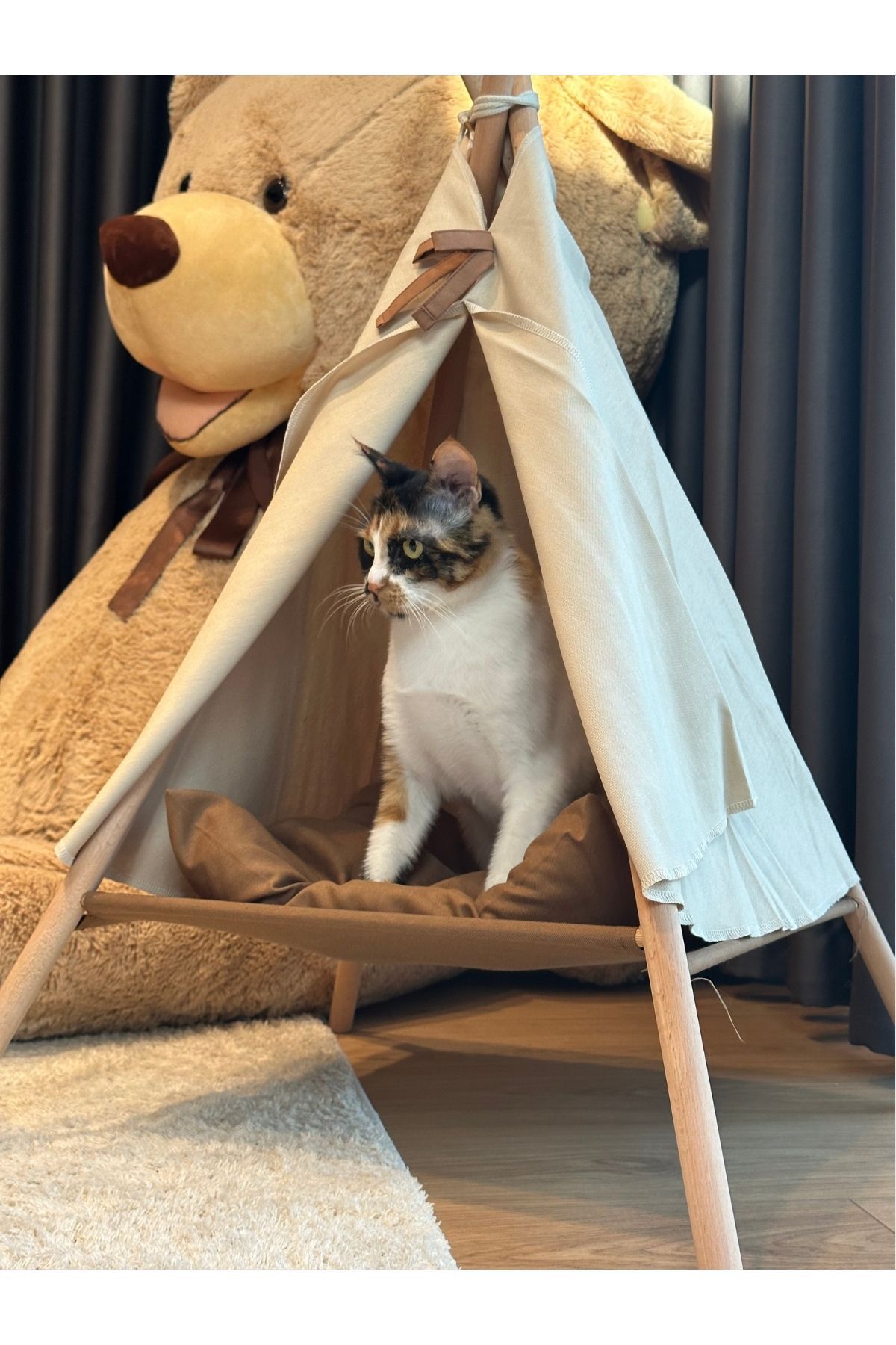 YHH Kids Kedi Çadırı Kedi Yatağı Pofuduk Minderli Bej