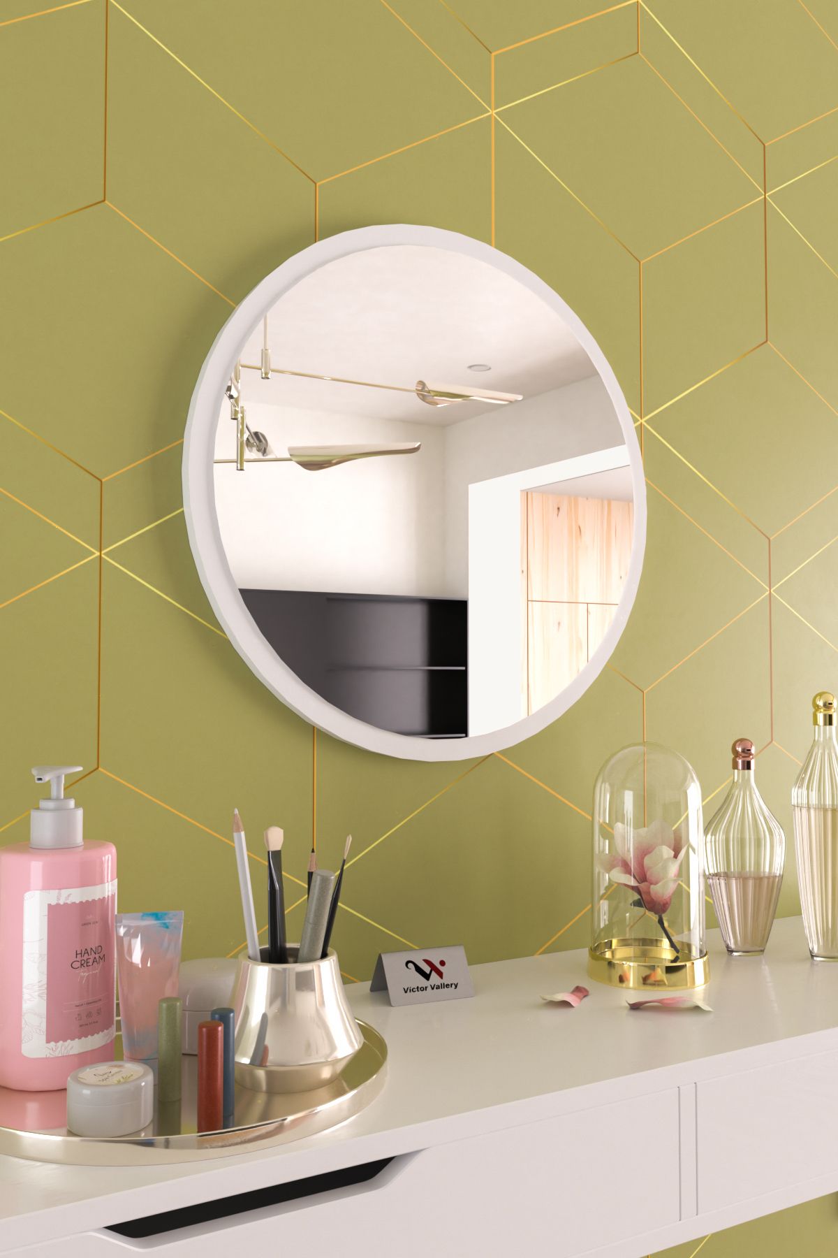 Hediyeler Kapında Beyaz Dekoratif Yuvarlak Duvar Aynası Hol Antre Ofis Salon Banyo Uyumlu 60 Cm