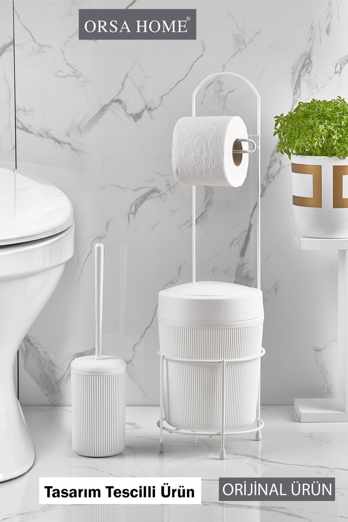 ORSA HOME Beyaz Yuvarlak Kovalı Wc Kağıtlık Ve Tuvalet Fırça Seti 390