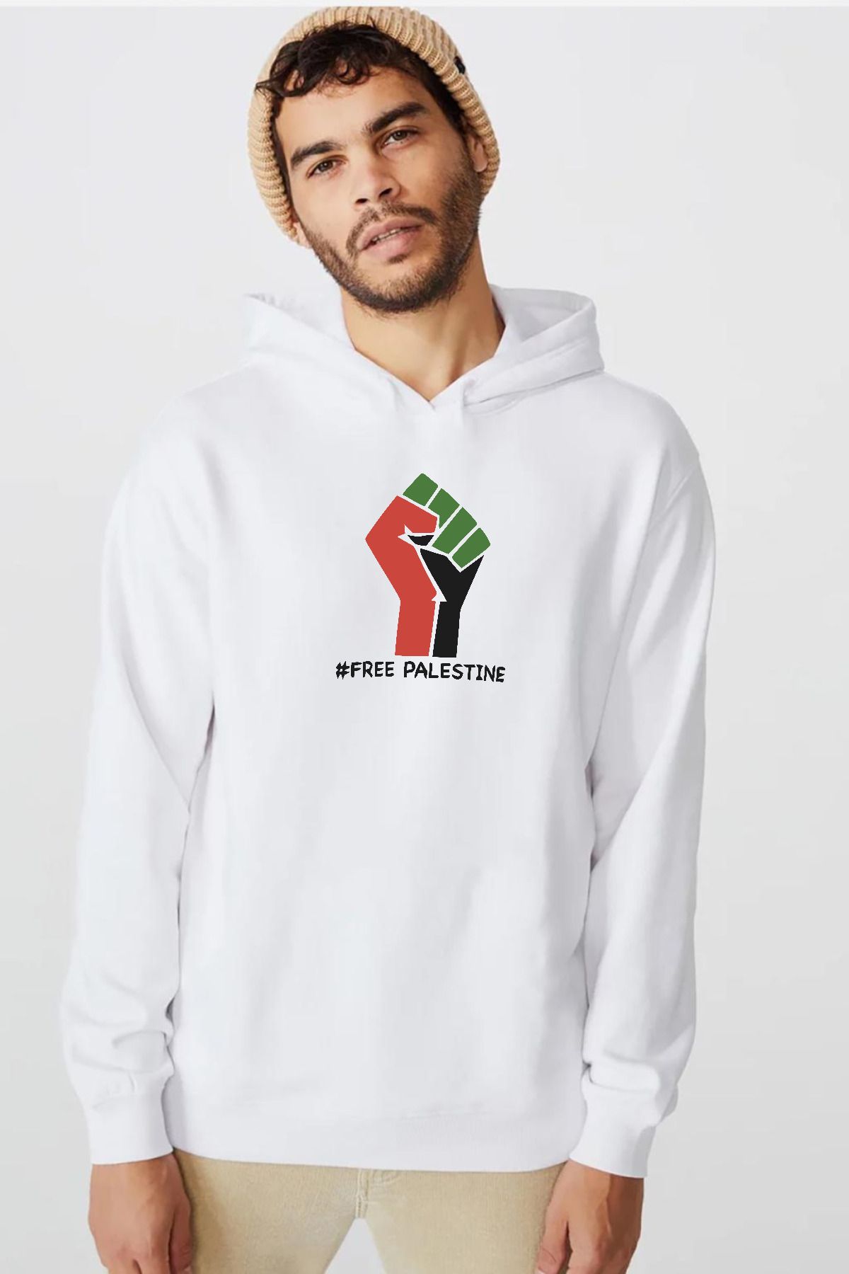 Tshirthane Hand Free Palestine Beyaz Erkek 3ip Kapşonlu Sweatshirt