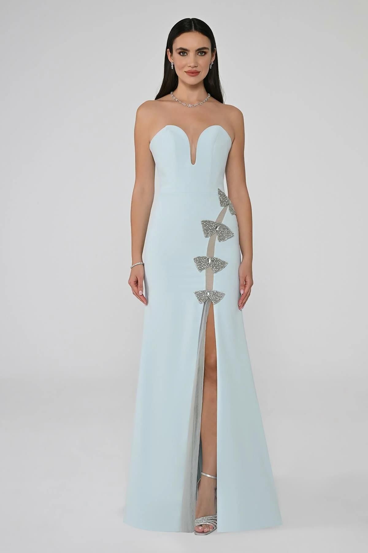 ALFABETA Straplez Taş Kelebek Detaylı Elbise