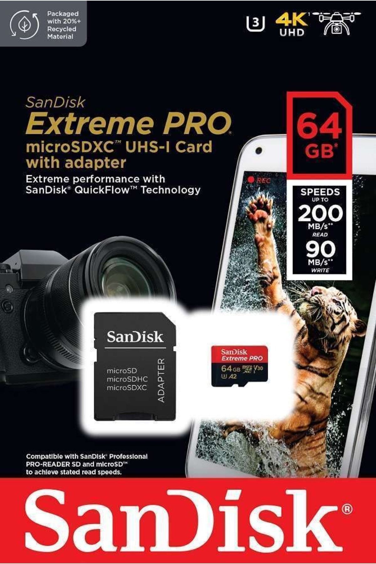 Sandisk Extreme Pro 64gb 200/90mb/s Microsdxc Uhs-ı Adaptörlü Hafıza Kartı Sdsqxcu-064g-gn6ma