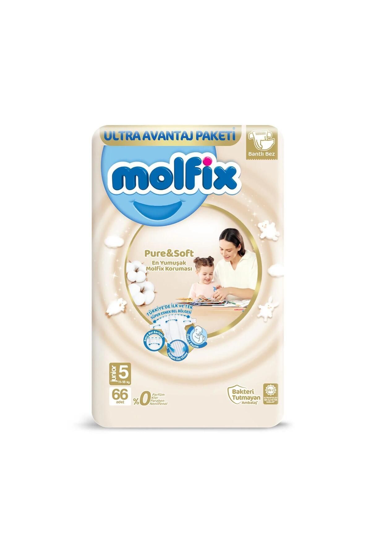 Molfix Ultra Avantaj Paketi Pure&Soft Junior 5 Numara Bebek Bezi 66'lı X2 132 Adet