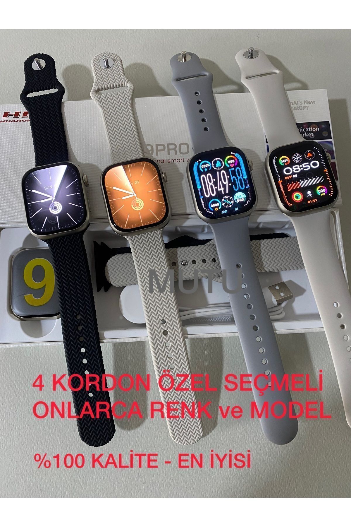 MUTU Hk9 Pro Plus (4 KORDON ÖZEL SEÇMELİ) Son Versiyon Watch9 Amoled Ekran Akıllı Saat