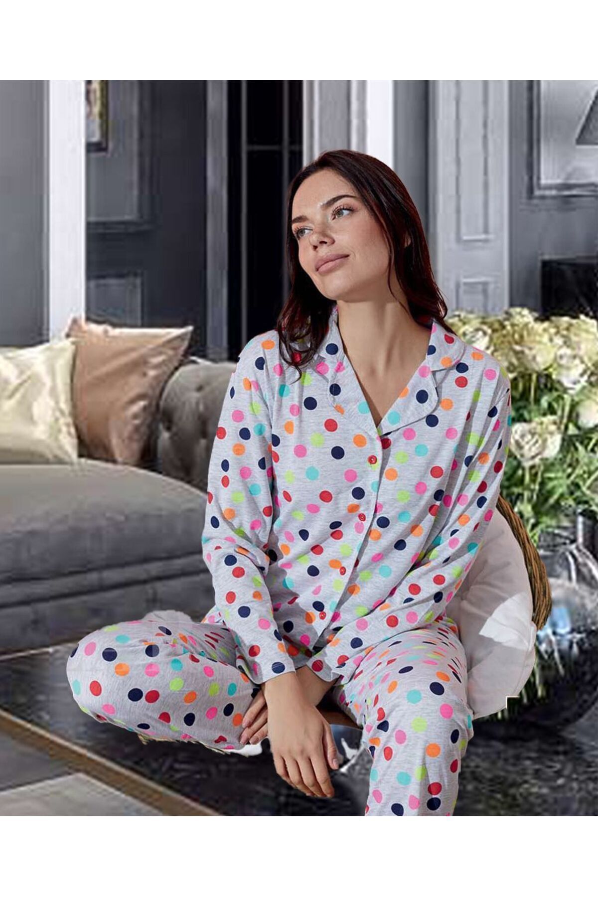 ELİTOL Kadın %100 Pamuk Boydan Düğmeli Pijama Takımı