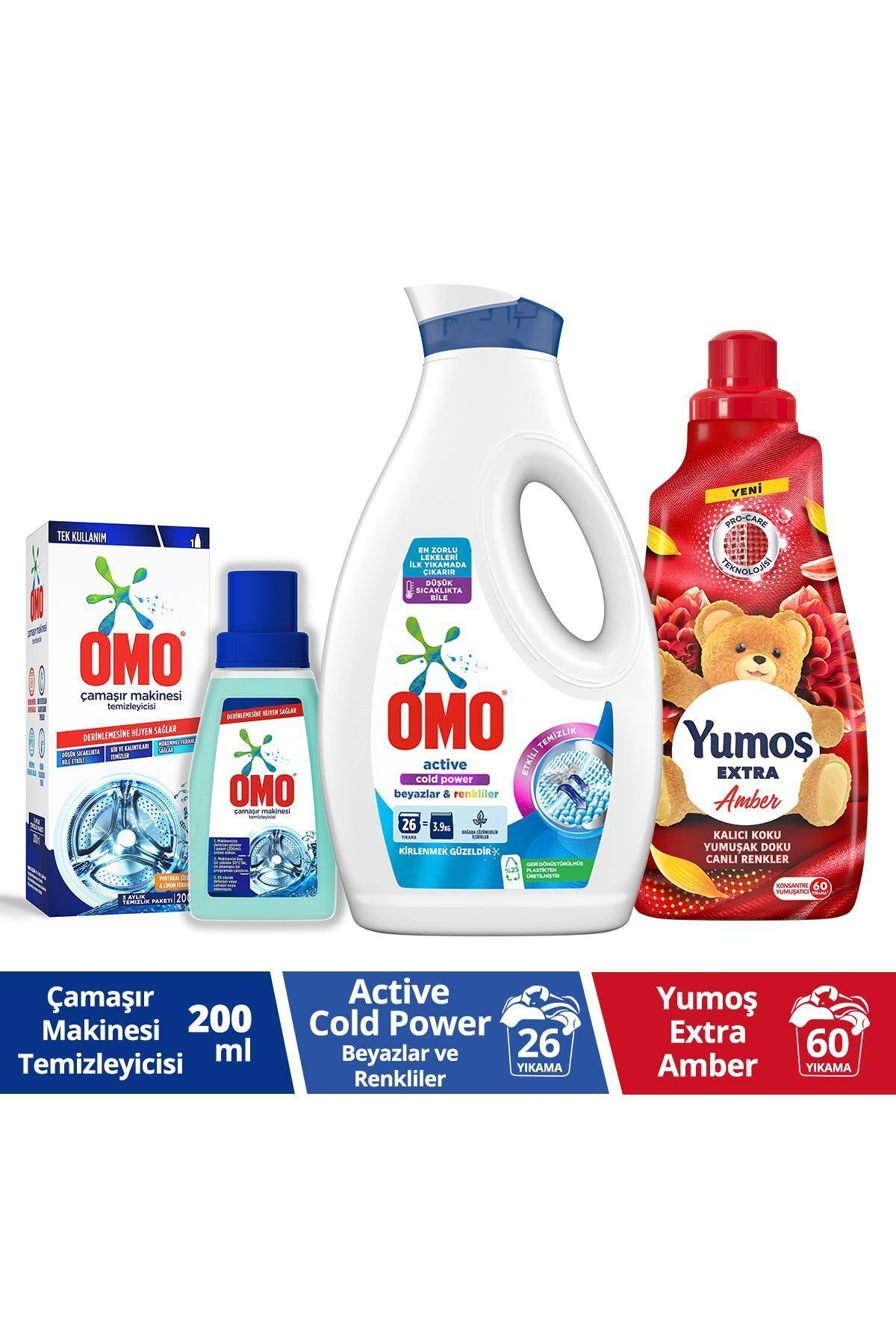 Omo Çamaşır Makinesi Temizleyici Çam 200 ml Omo Beyazlar Ve Renkliler 1690 ml Yumoş Amber 1440 ml