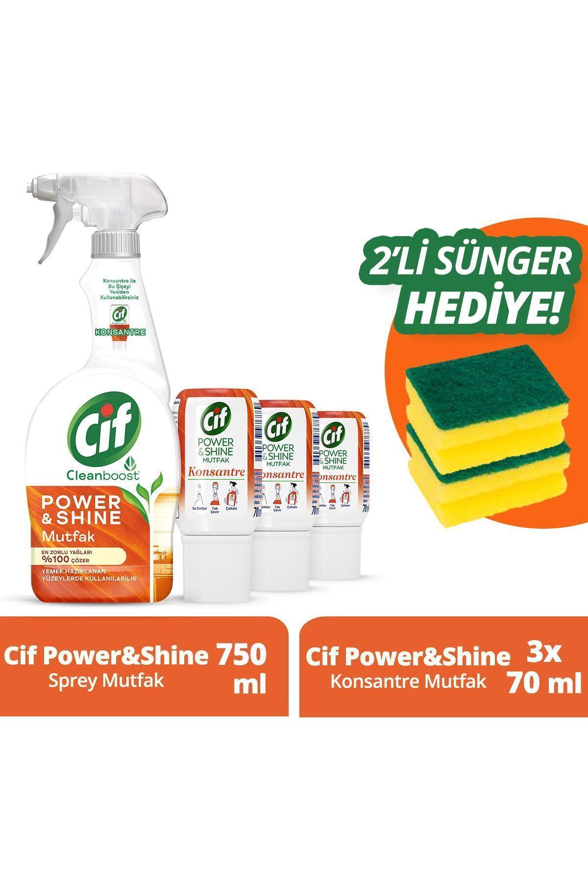 Cif Power Shine Sprey Yağ Çözücü 750ml X1 Konsantre Mutfak 70ml X3 Mikrofiber Bez