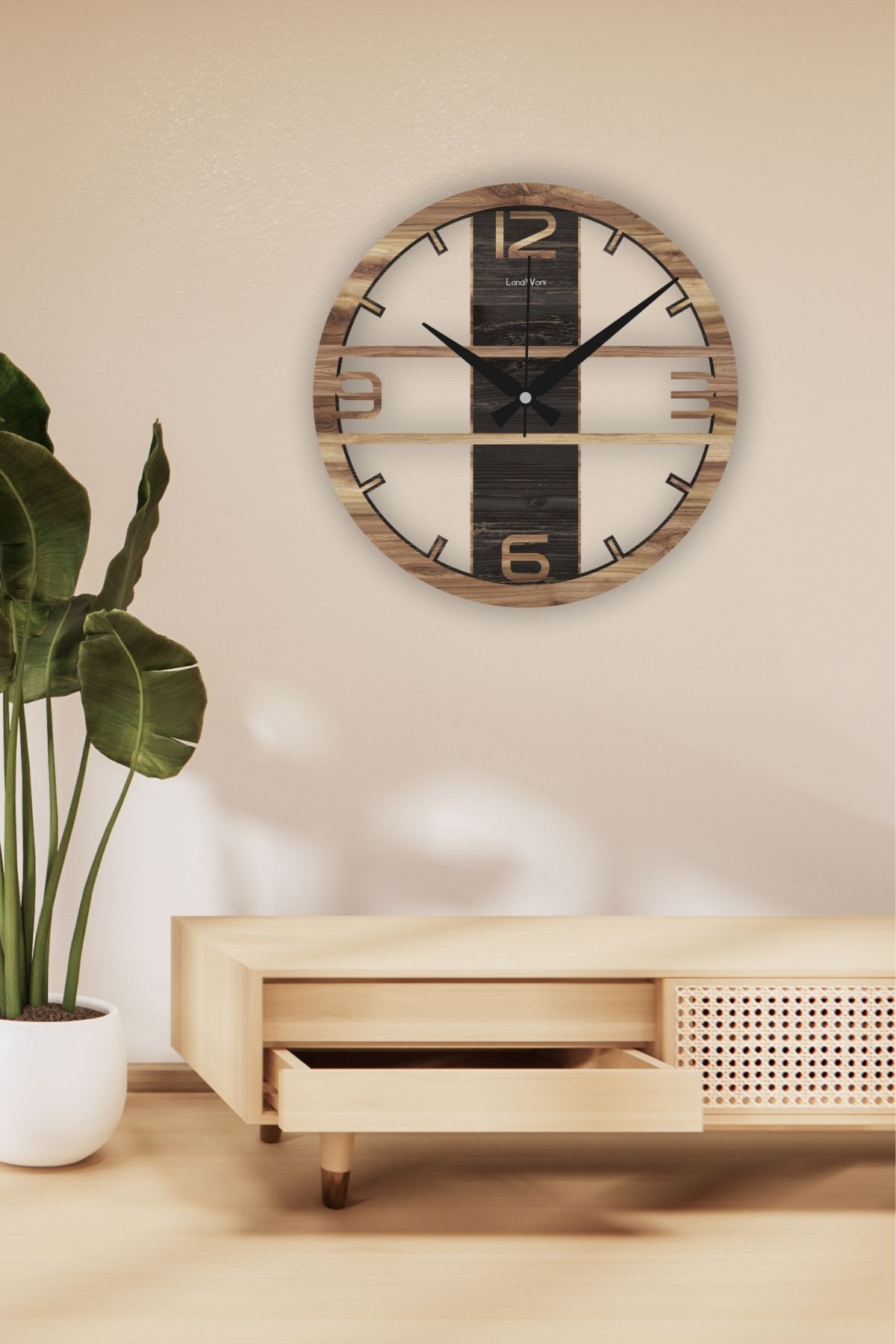 LandiWork Ahşap Büyük Duvar Saati, Sessiz Mekanizmalı Modern Duvar Saati, Salon Duvar Saati, 60cm