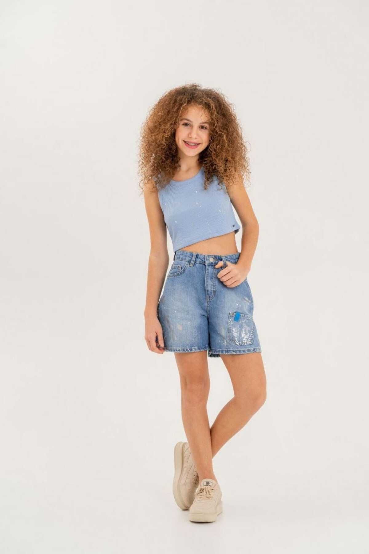 LOCO LOCO Kız Çocuk Varaklı Denim Şort