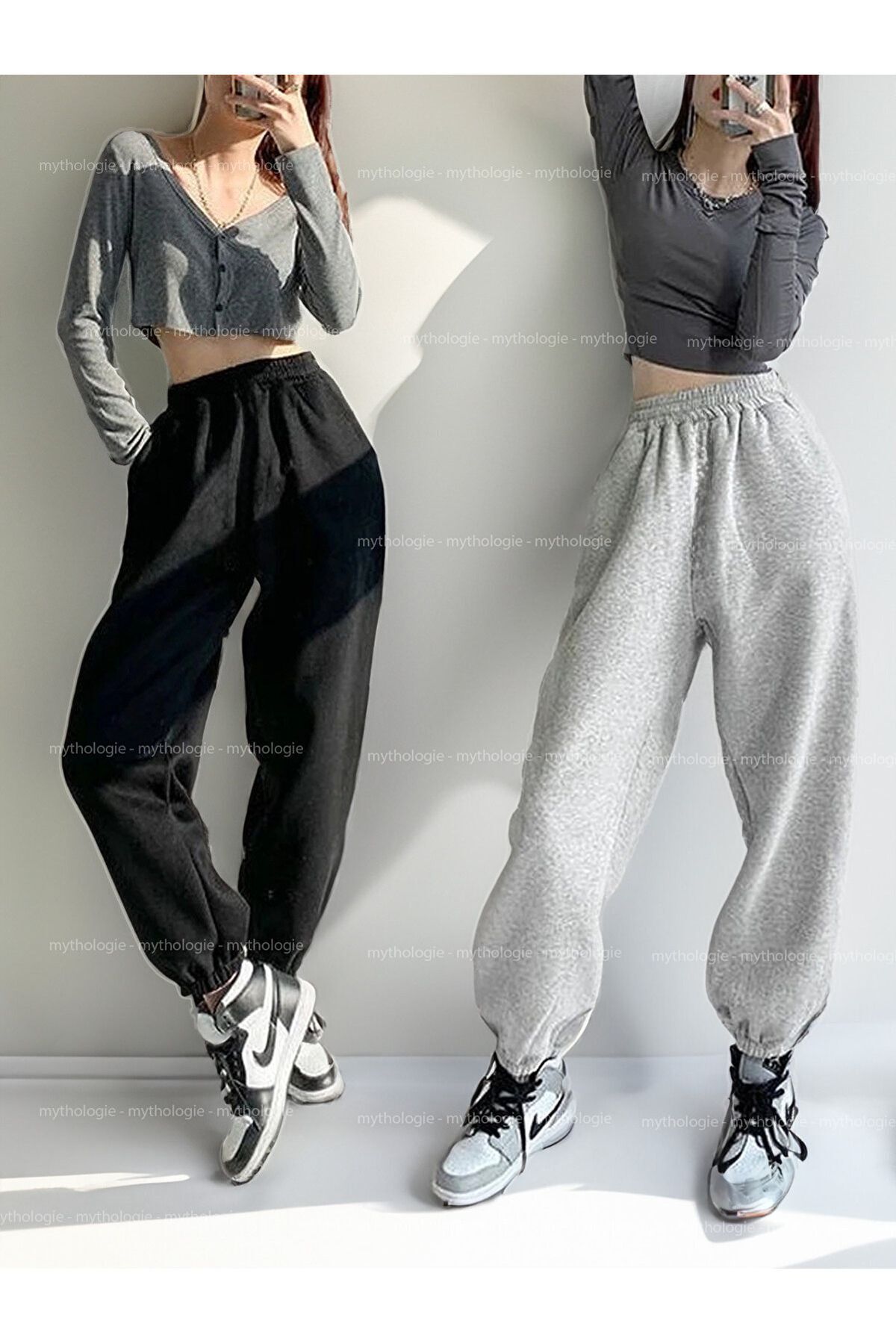 Trendglow 2'li Baskısız Basic Düz Eşofman Altı Jogger - Siyah Gri Lastik Paça Yüksek Bel Yazlık