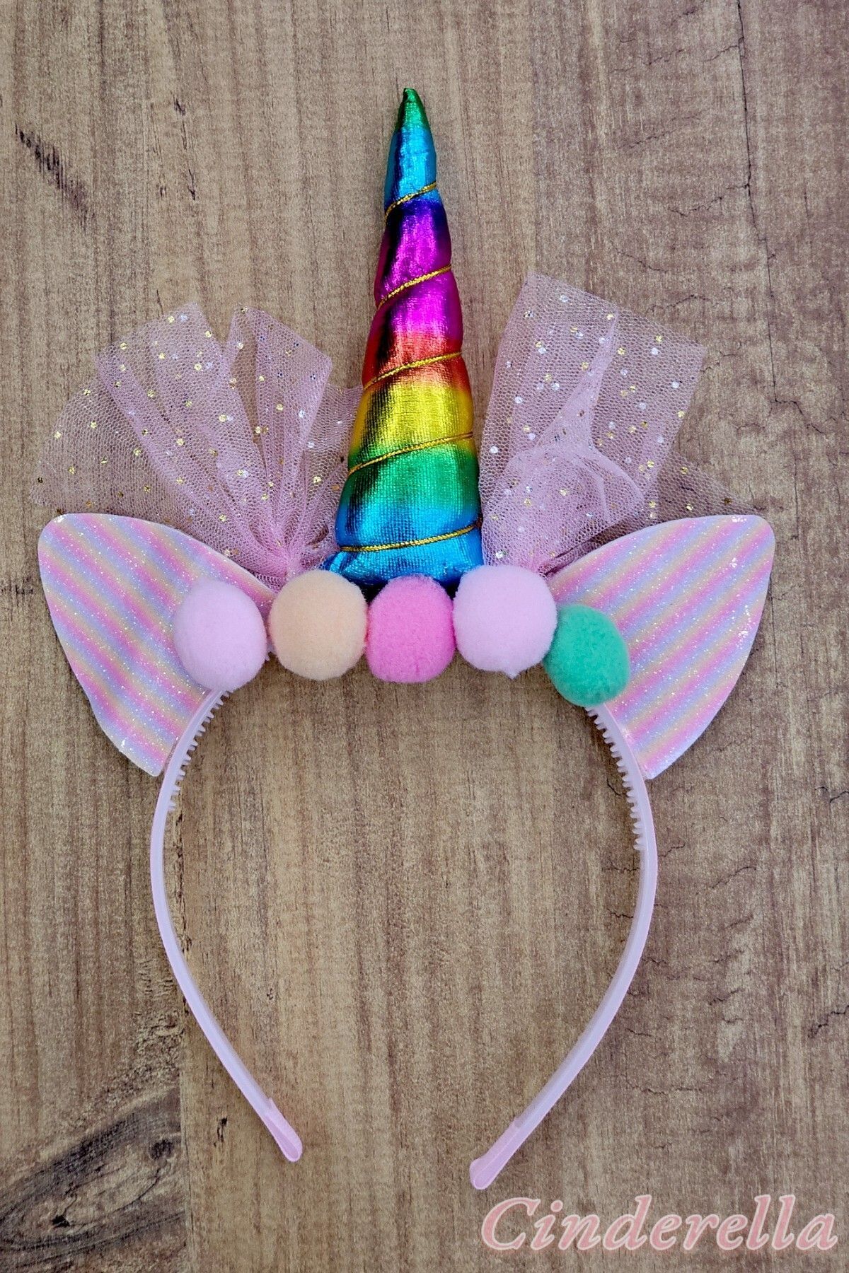 Cinderella Unicorn Ponpon ve Kedi Kulağı Figürlü Pembe Çocuk Taç - Kız Çocuk Saç Taçı