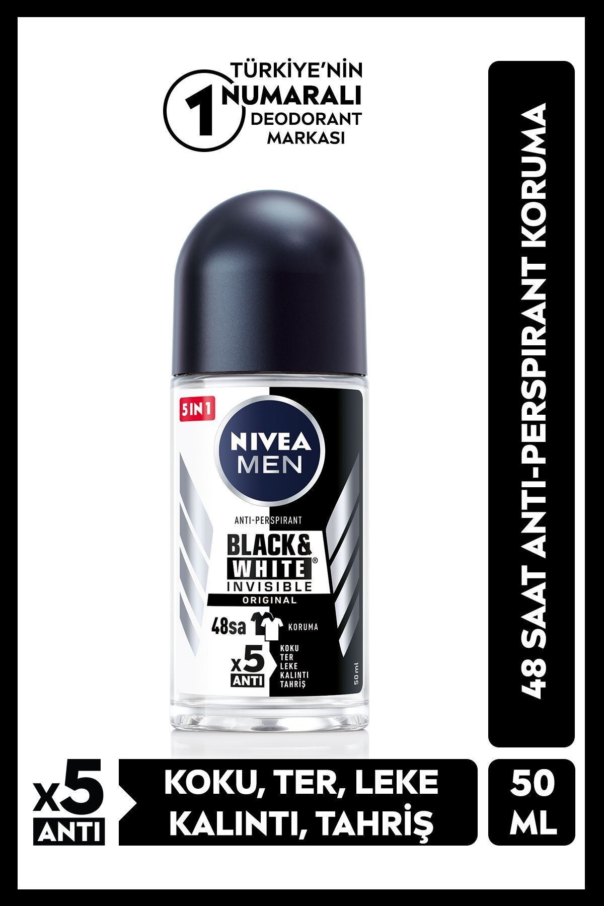 NIVEA Men Erkek Roll-on Deodorant Black&white Invisible 50ml, Ter Kokusuna Karşı 48 Saat Koruma, Ferahlık