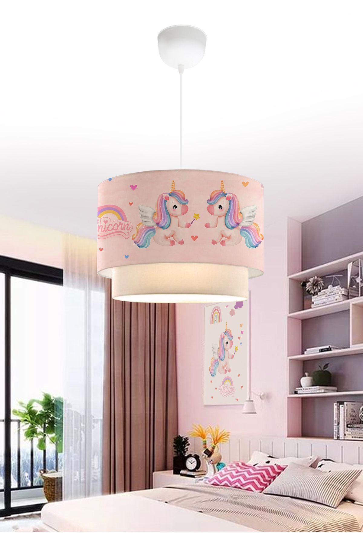 HOMİNG Bebek / Çocuk Odası Homing Unicorn Desenli Kız Çocuk Odası Sarkıt Avize 241288 E27 Kumaş Pembe 71-8
