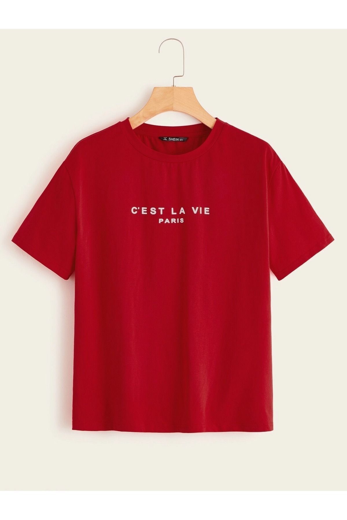 Cool Art Cest La Vie Paris Tişört - Kırmızı Baskılı Oversize Yazlık Kısa Kol T-Shirt Bisiklet Yaka