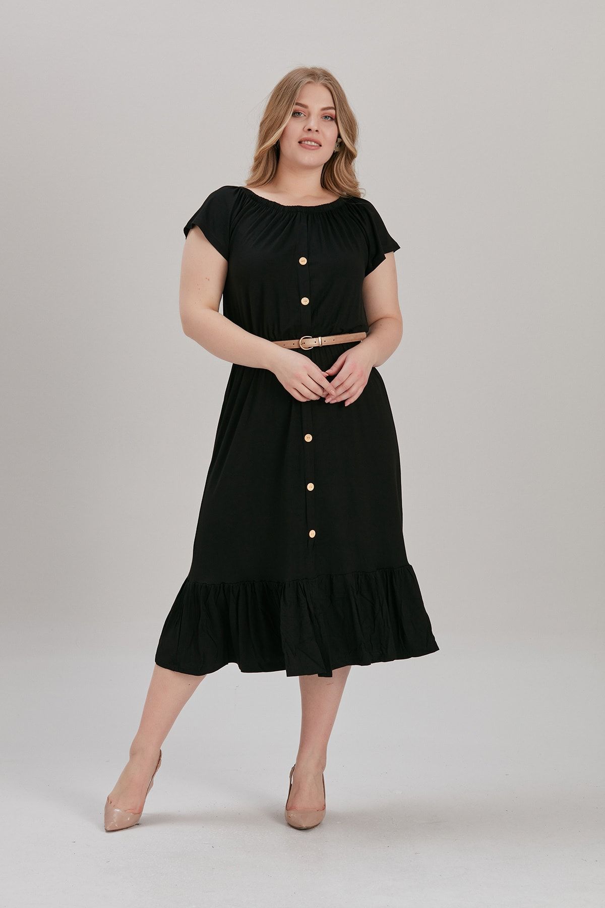 LİKRA Kadın Siyah Büyük Beden Yaka Lastik Eteği Fırfır Lı Viskon Elbise (kemer Dahil Değil)