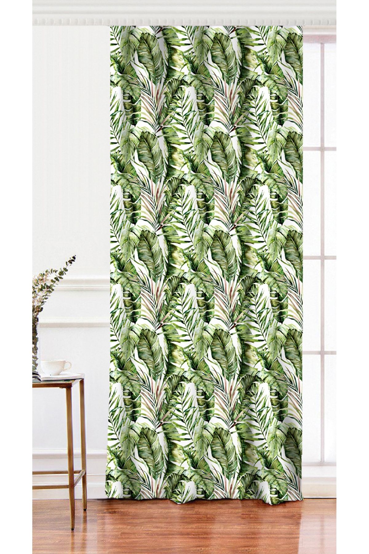 Realhomes Tek Kanat Yeşil Tropik Yapraklar Tasarımlı Dijital Baskılı Modern Fon Perde