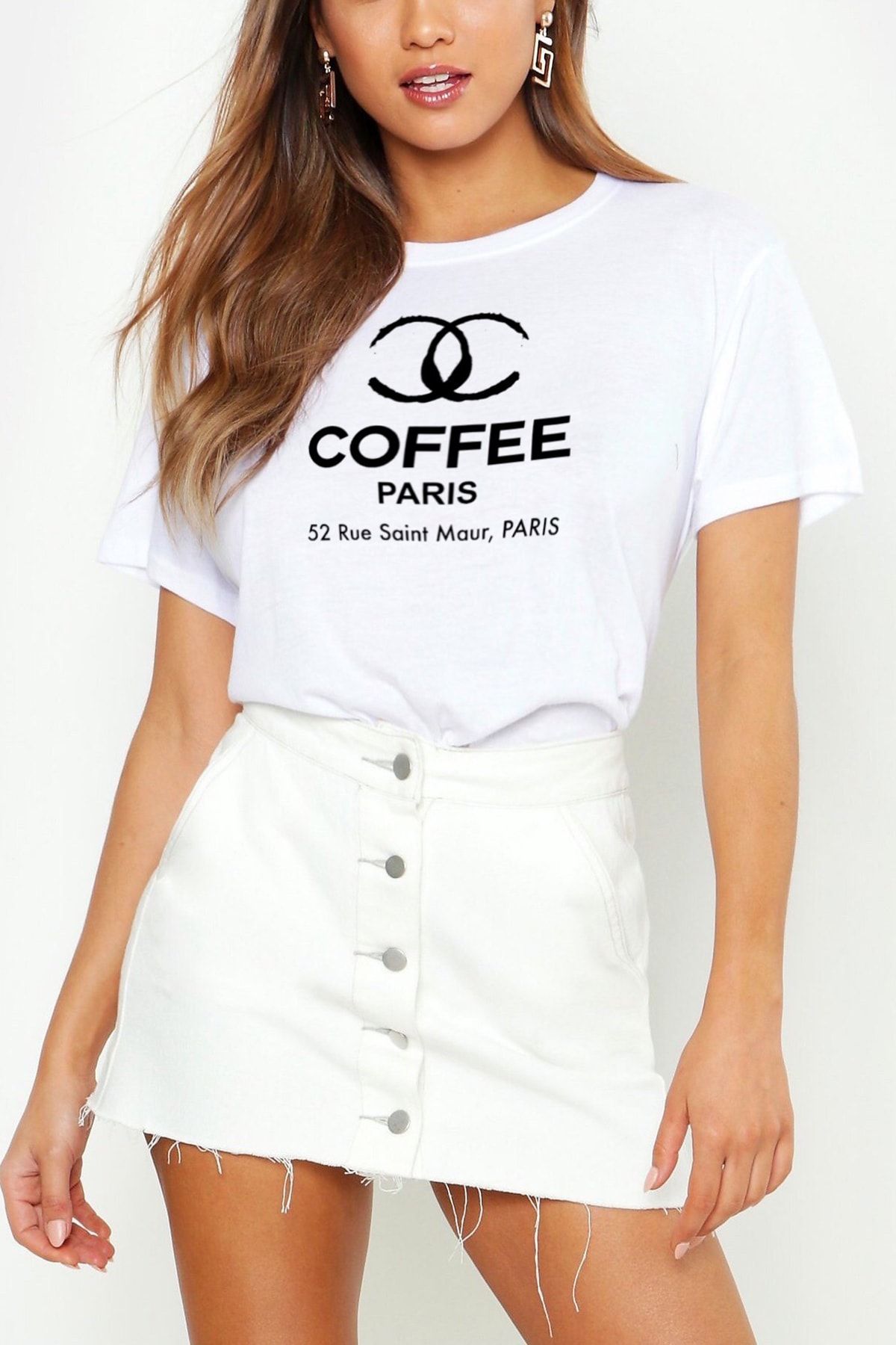 Mack Kadın  "CAFFEE PARIS " Beyaz Boyfriend Tshirt WSC111