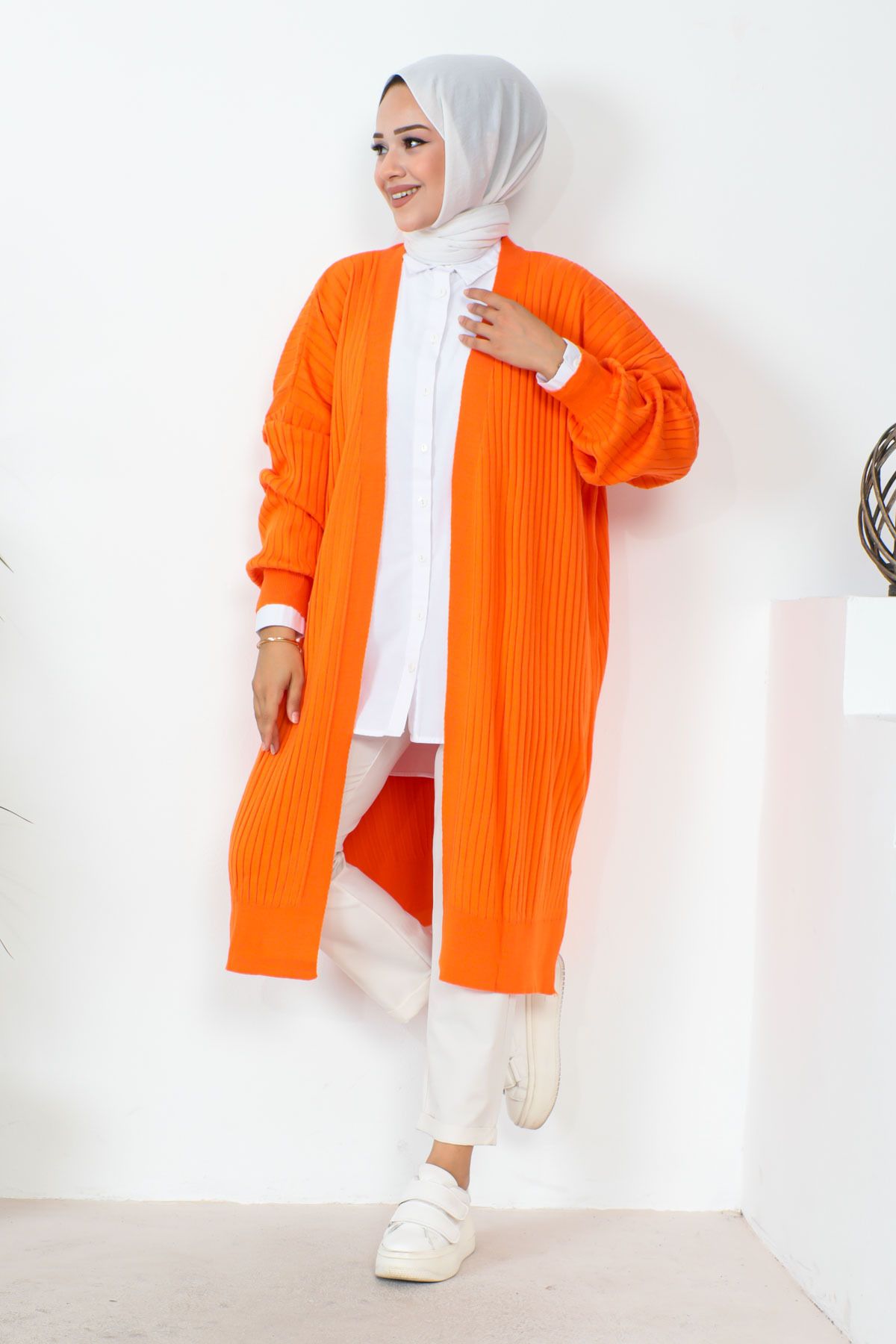 İmajButik Orange Kadın Modest Fitilli Yırtmaçlı Uzun Tesettür Triko Hırka