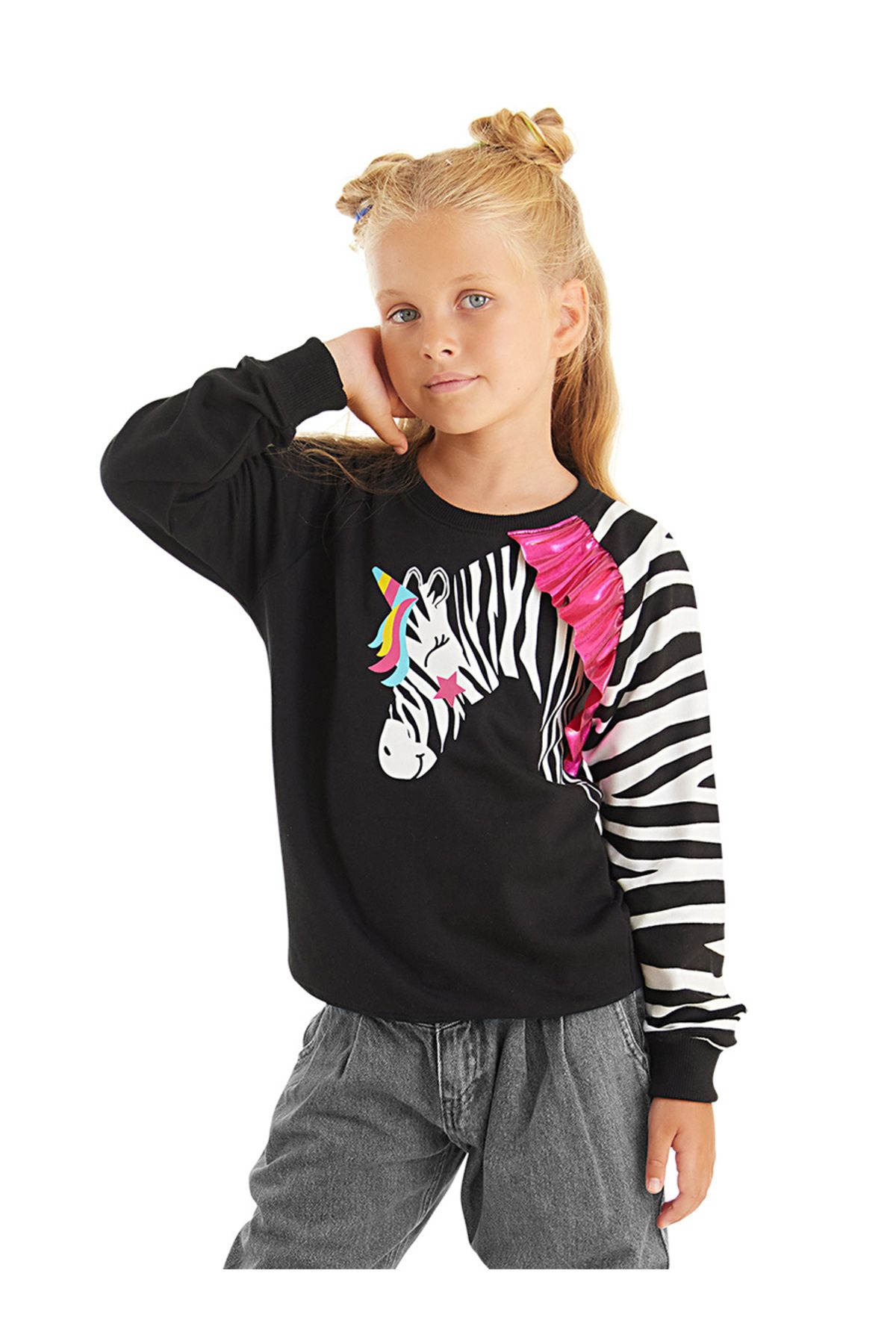 Denokids Fırfırlı Zebra Kız Çocuk Siyah Sweatshirt
