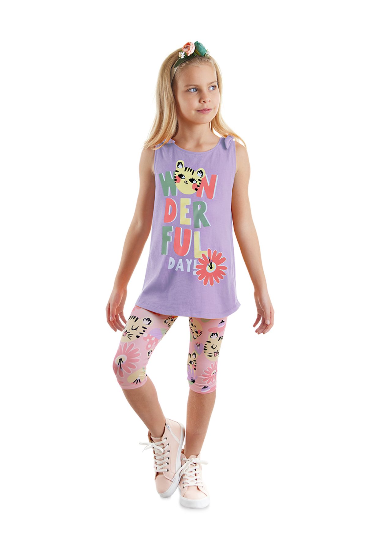 Denokids Kedili Çiçekli Kolsuz Kız Çocuk Yazlık Tunik T-shirt Tayt Takım