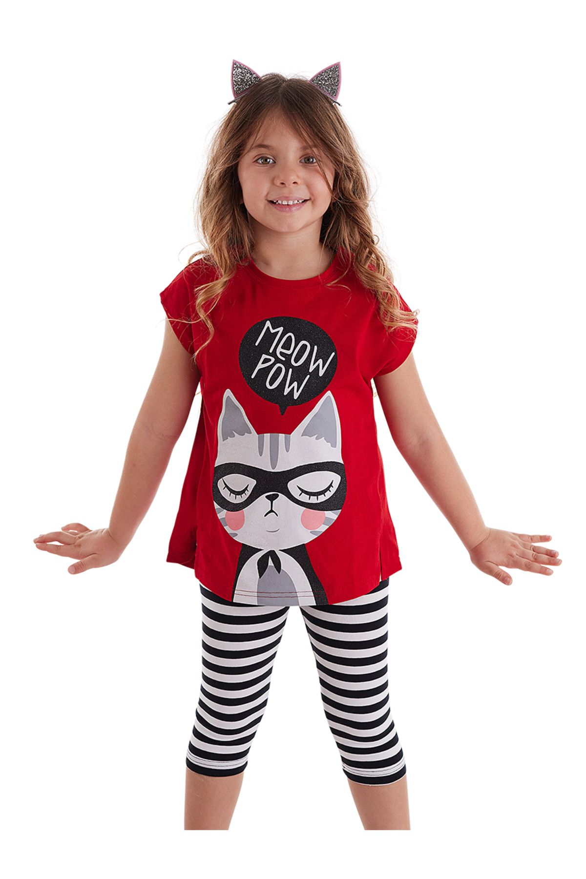 MSHB&G Kırmızı Meow Pow Çizgili Kız Çocuk Yazlık T-shirt Tayt Takım