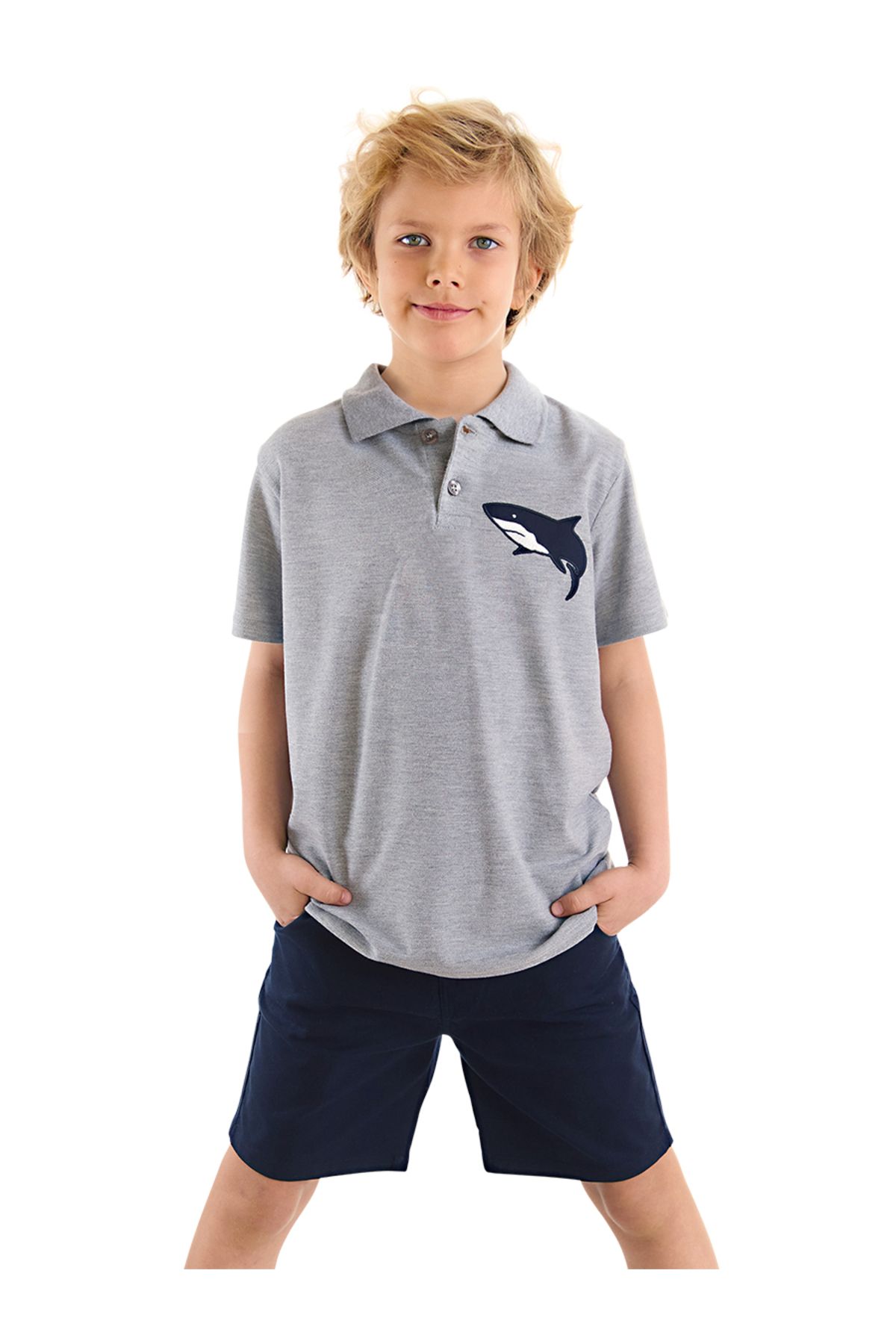 MSHB&G Shark Erkek Çocuk Yazlık Polo Yaka T-shirt Gabardin Şort Takım