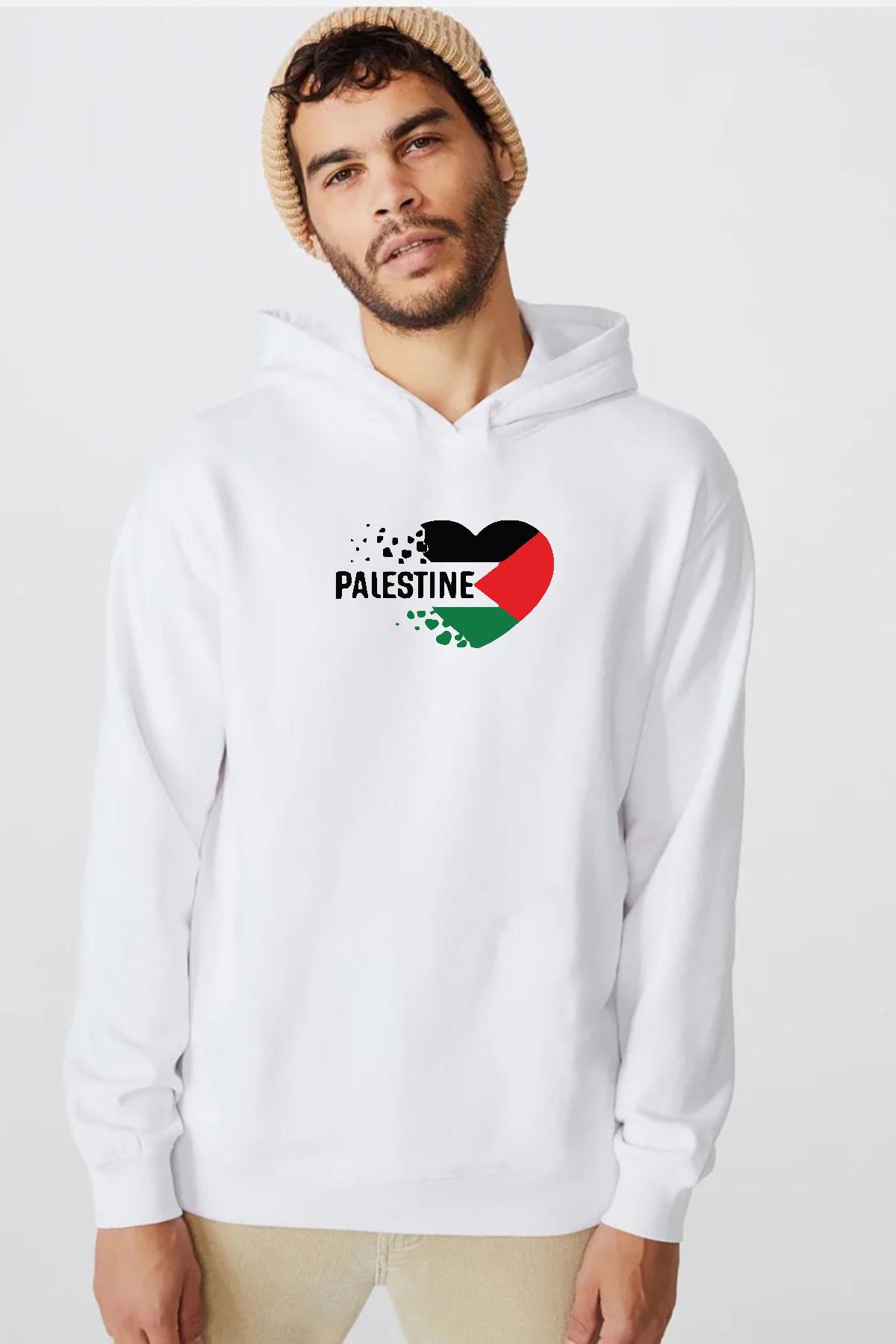 Tshirthane Heart Palestine Flag Beyaz Erkek 3ip Kapşonlu Sweatshirt