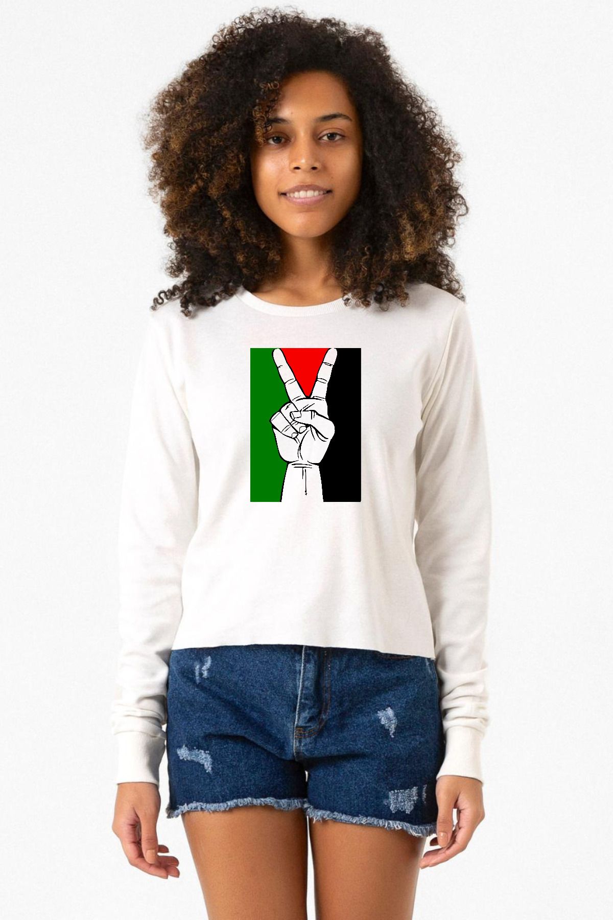 Tshirthane Free Hand Palestine Flag Ekru Ekstra Uzunkol Sweatshirt
