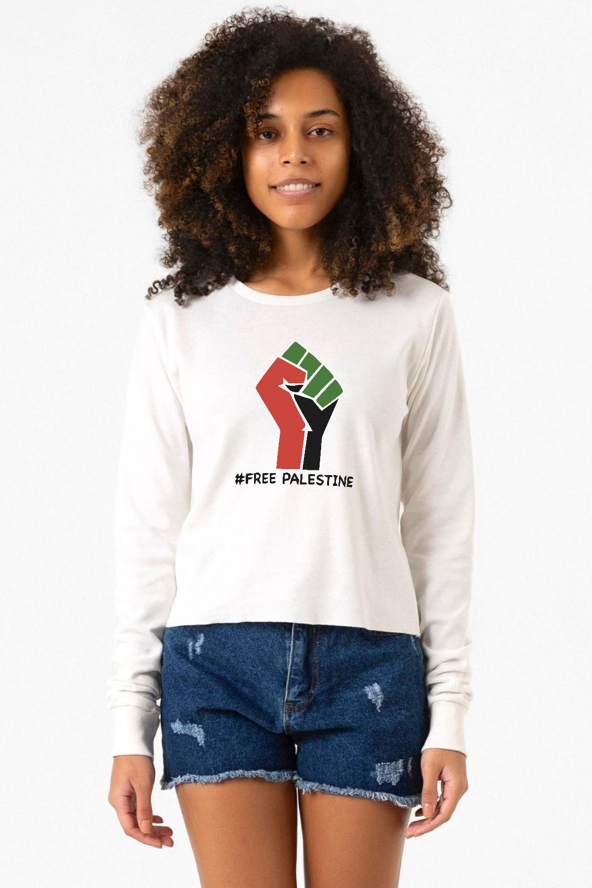 Tshirthane Hand Free Palestine Ekru Ekstra Uzunkol Sweatshirt