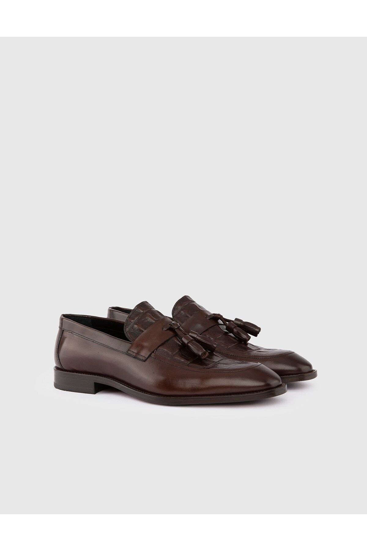 İlvi Bestla Hakiki Antik Deri Timsah Baskı Erkek Kahverengi Klasik Ayakkabı