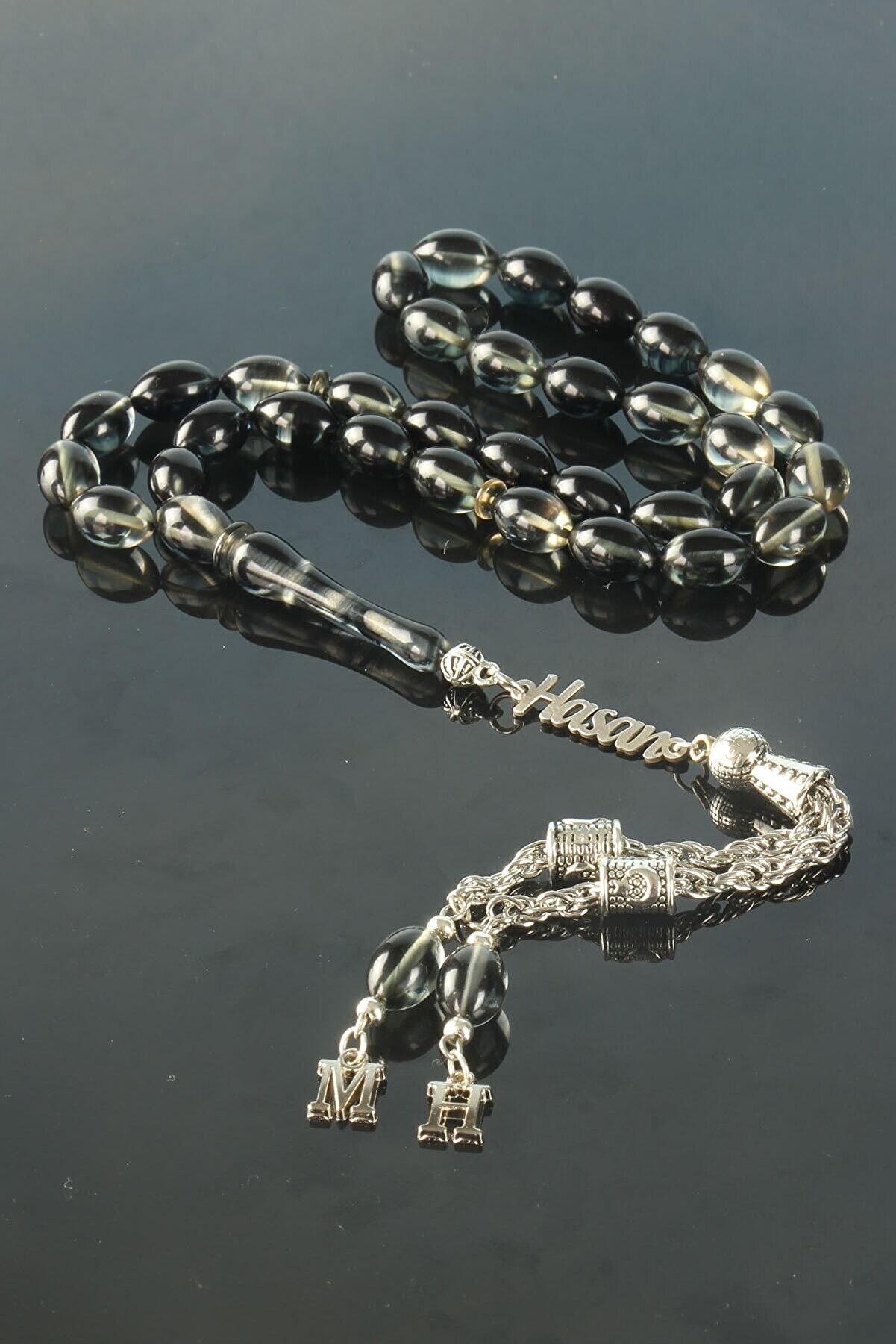 Gümüş Isimli Tesbih Ateş Kehribar Harfli Tesbih - Tesbih Otağı