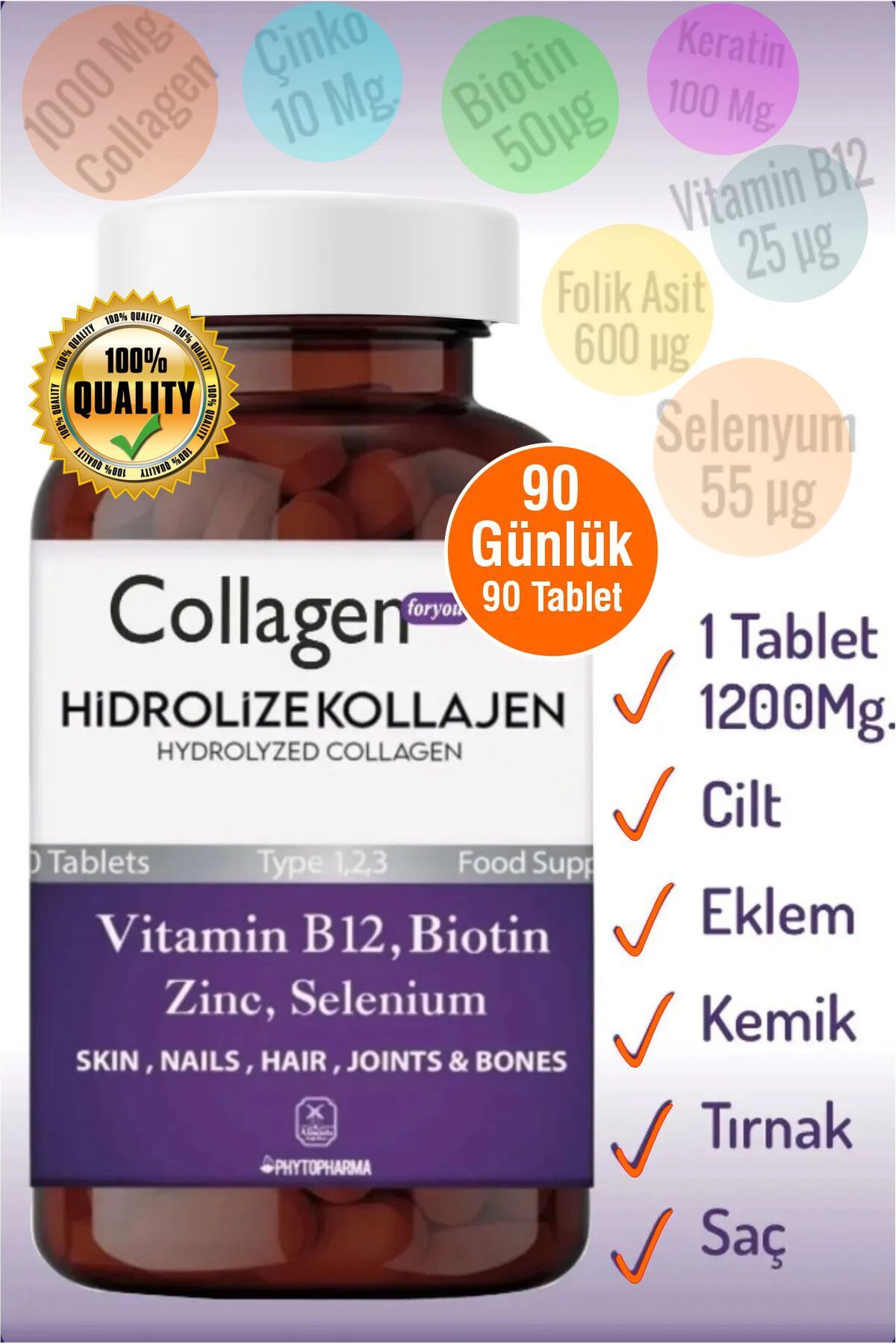 Collagen For You Hidrolize Kolajen Tip1,tip2,tip3, Biotin-çinko-folik Asit-selenium-b12 1200mg 90 Tablet