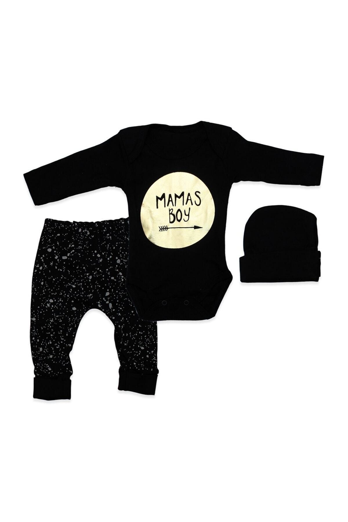 Genel Markalar Erkek Bebek Siyah Şapkalı Mamas Boy 3 Lü Takım K894