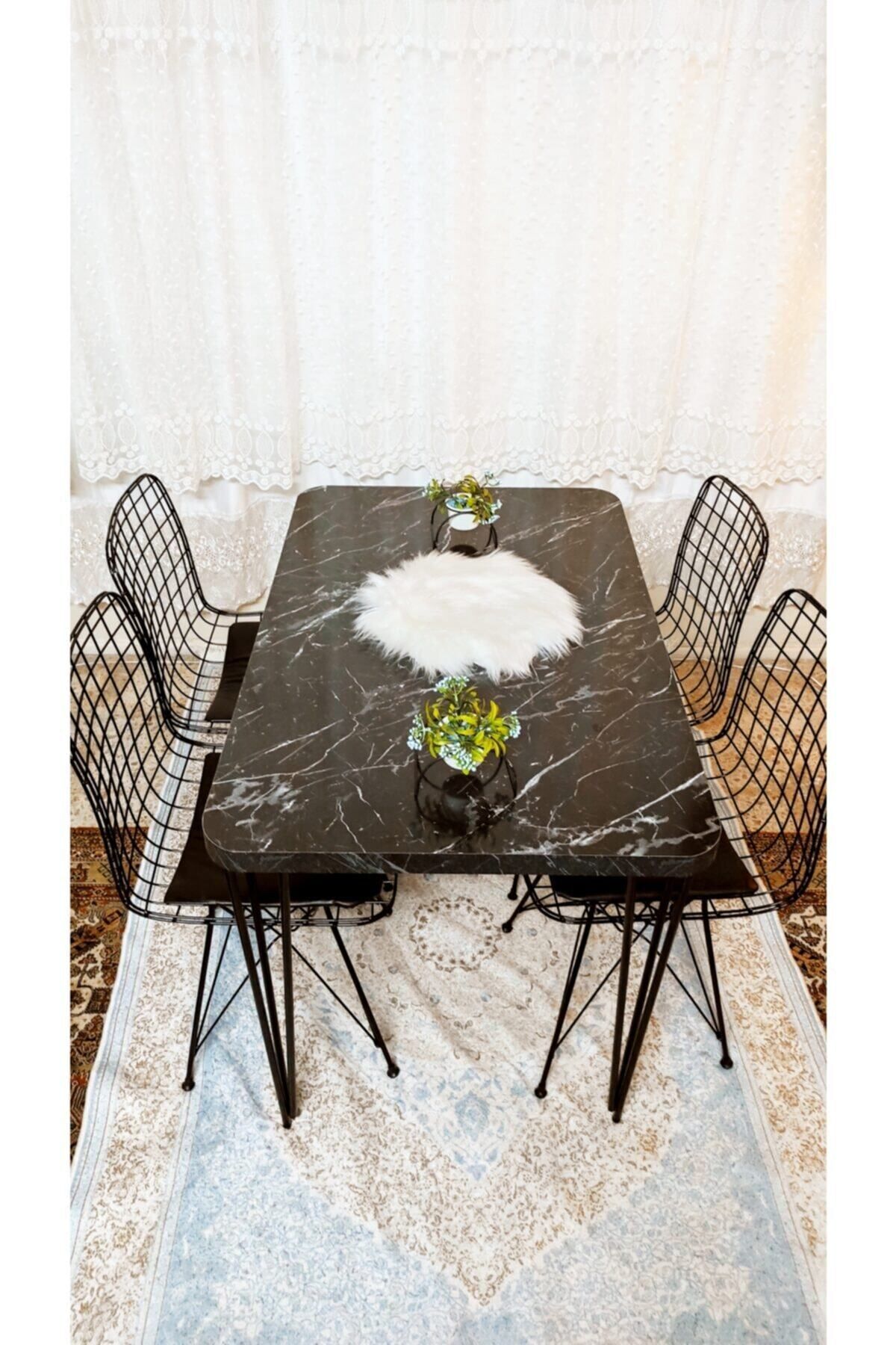 YusGos Mutfak Yemek Masa Takımı Mermer Desencafe Masası 4 Adet Tel Sandalye 1 Adet Masa