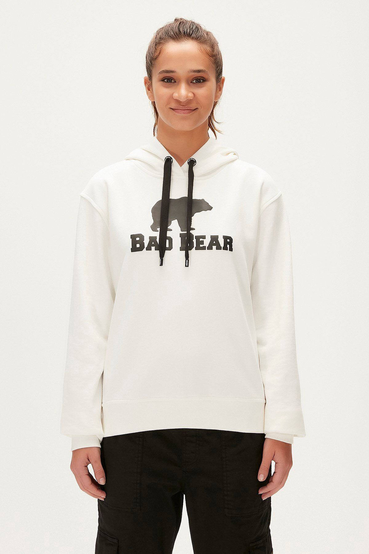 Bad Bear Logo Hoodie Off-white Beyaz Baskılı Kapüşonlu Kadın Sweatshirt