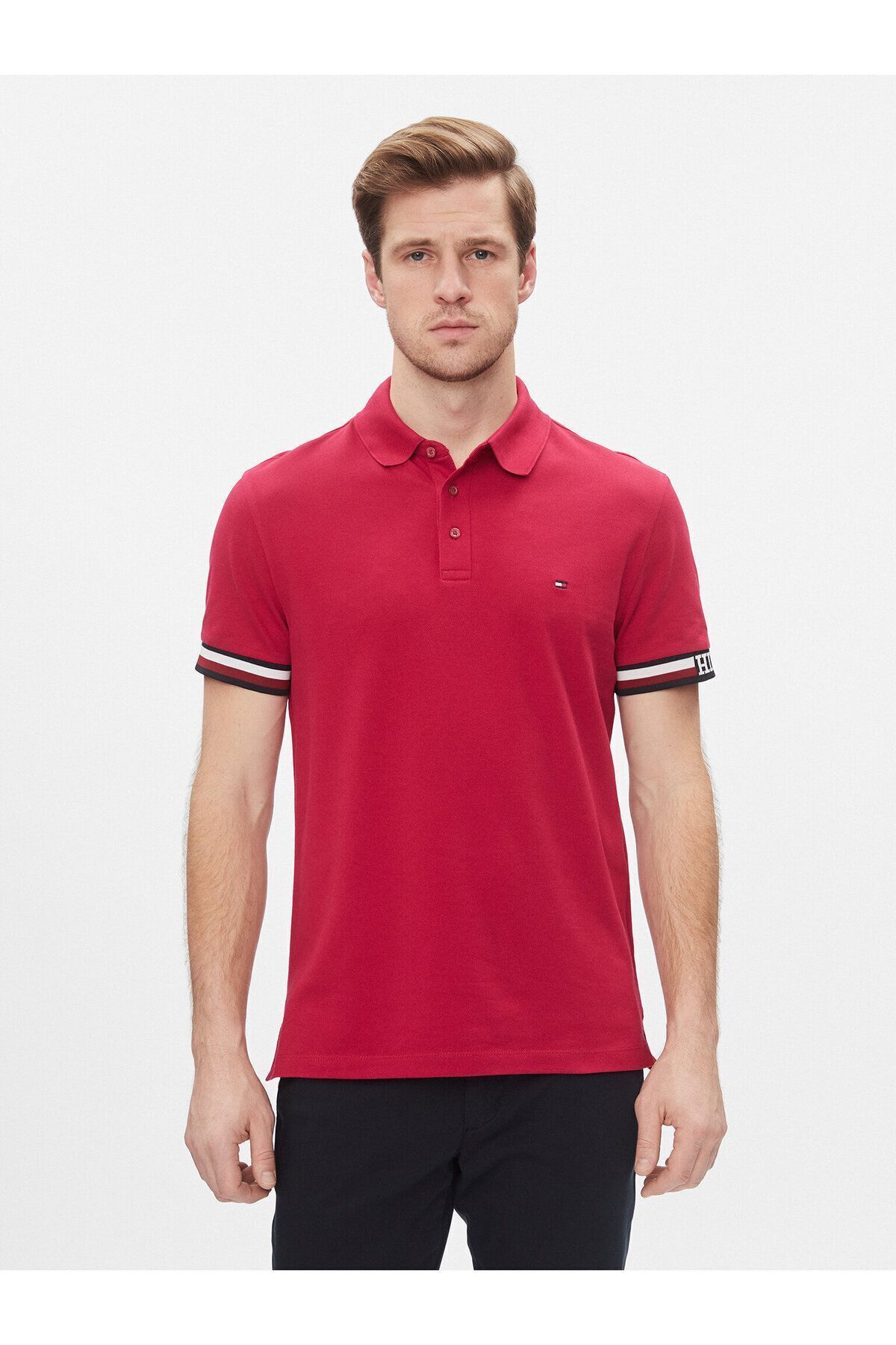 Tommy Hilfiger Erkek Marka Logolu Polo Yakalı Organik Pamuklu Kırmızı Polo Yaka T-Shirt MW0MW33585-XJV