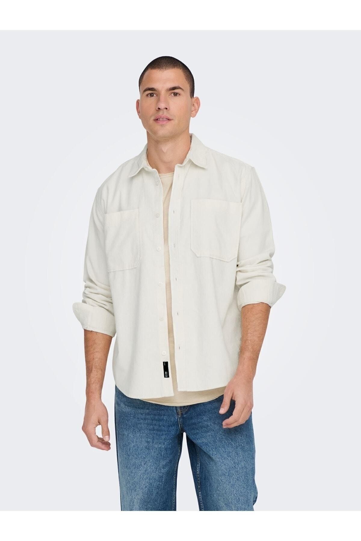 Only & Sons Alp Rlx 2pkt Washd Cord Ls Shirt Noos Erkek Beyaz Gömlek 22024716-01