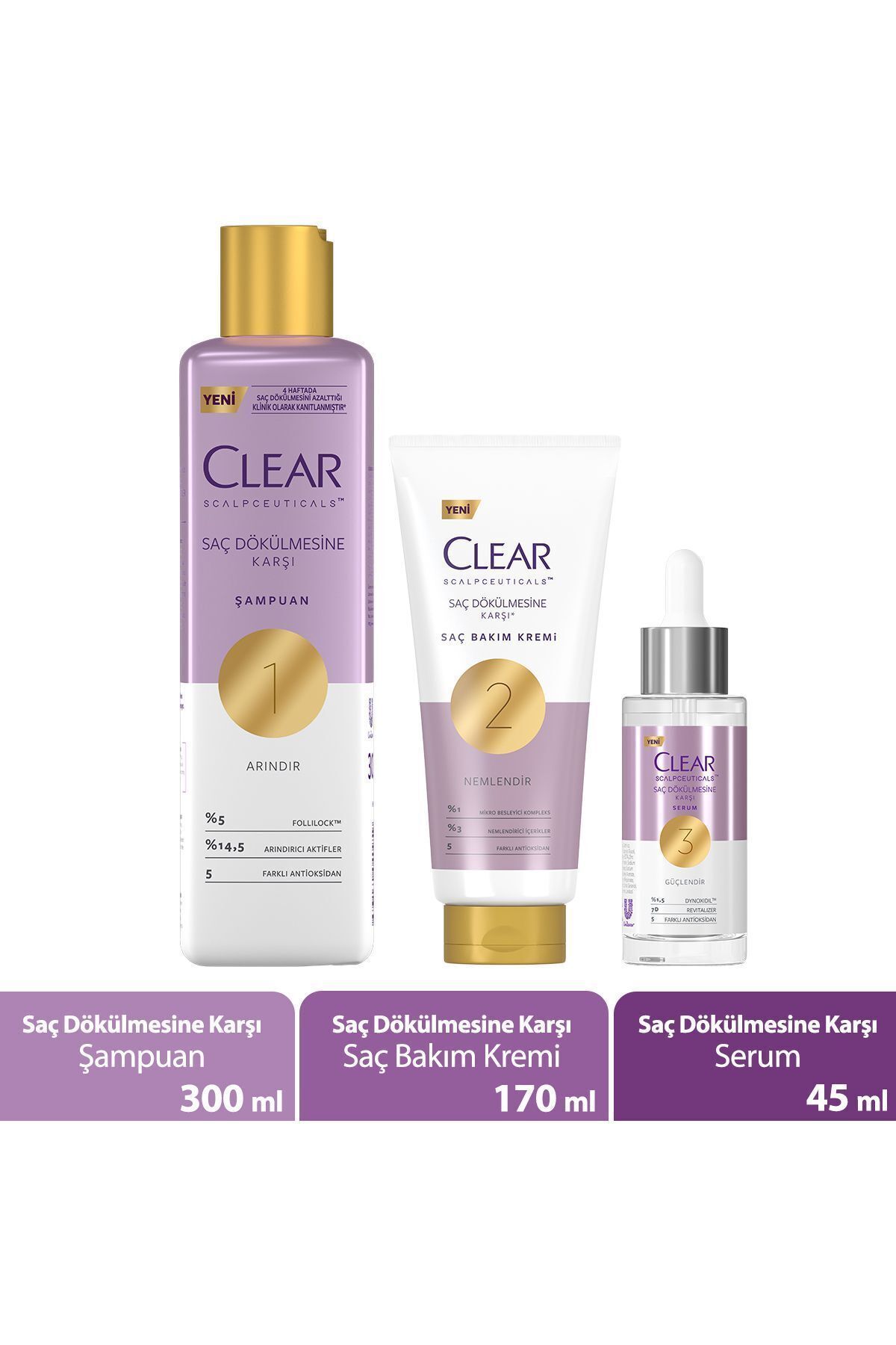 Clear Scalpceuticals Saç Dökülmesine Karşı Şampuan 300 ml Saç Bakım Kremi 170 ml Serum 45 ml