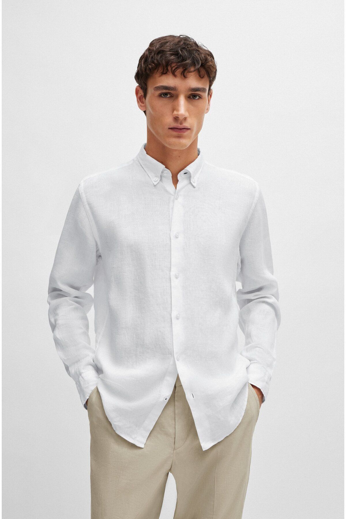 BOSS Erkek Marka Logolu Düğmeli Gömlek Yaka Uzun Kollu Beyaz Gömlek 50513849-100