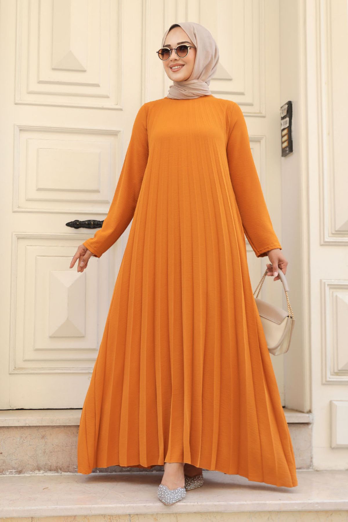 Neva Style - Pileli Hardal Tesettür Elbise 76840hr