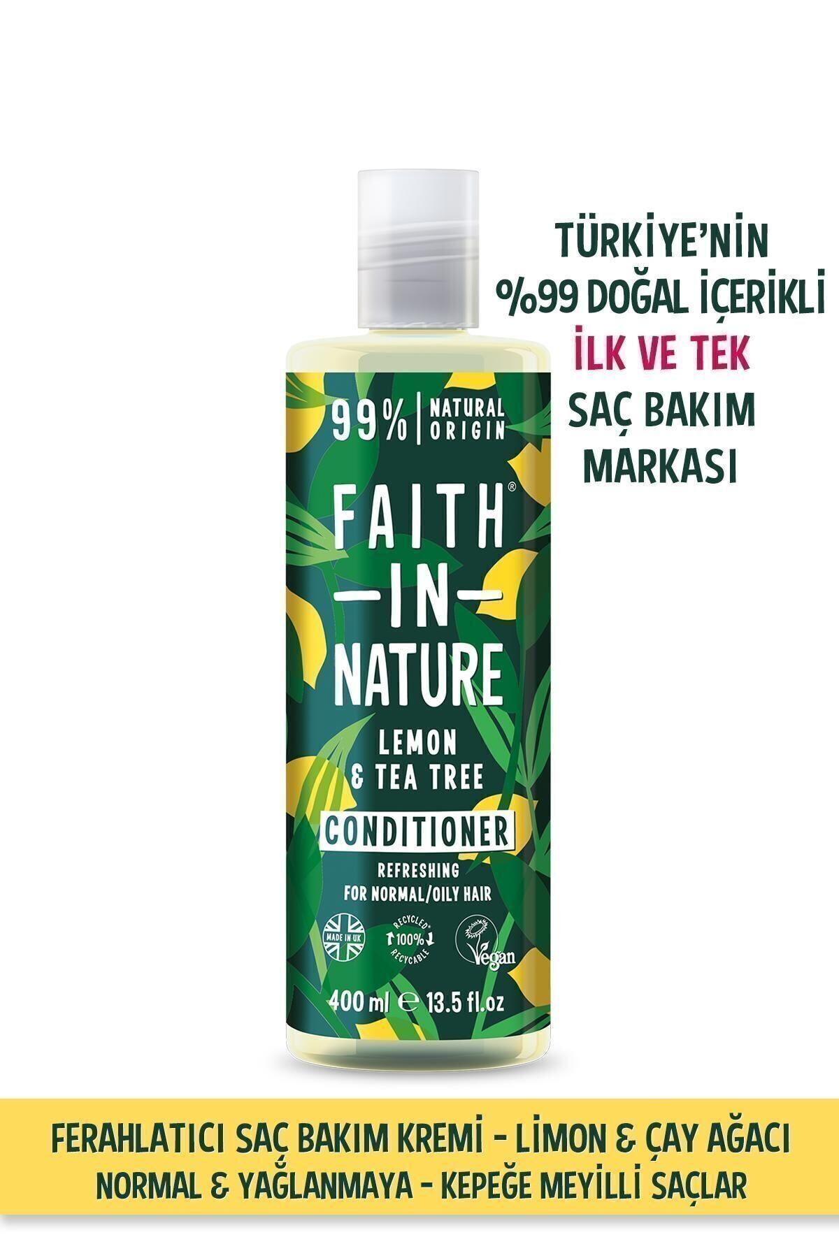 Faith In Nature %99 Doğal Ferahlatıcı Saç Bakım Kremi Limon&Çay Ağacı Normal&Yağlanmaya-Kepeğe Meyilli Saçlar İçin