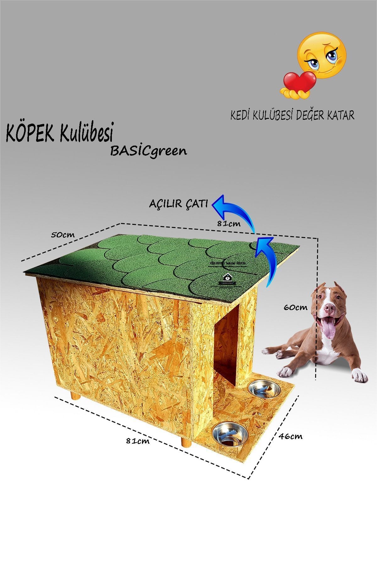 Kedigram Kedi Kulübesi Köpek Kulübesi Basicgreen - Çatı Kaplamalı - Kedi Evi - Mama Kabı Hediyeli