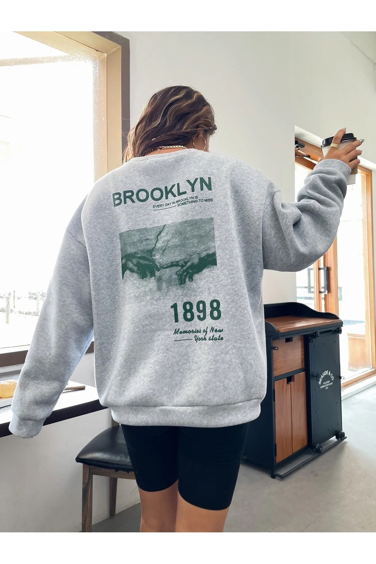 Josette Brooklyn 1898 Hands Kışlık Sweatshirt - Gri Baskılı Oversize Kalın Bisiklet Yaka