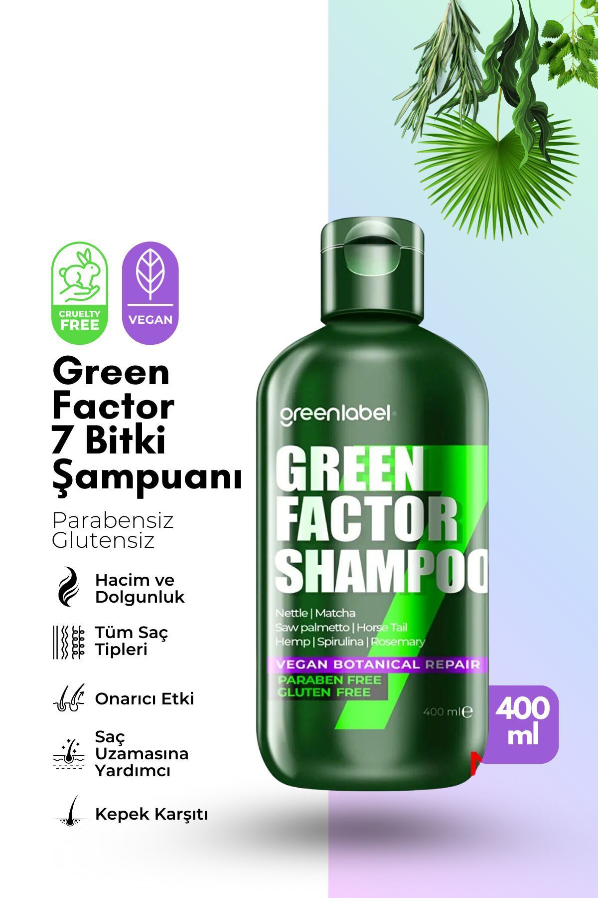 Green Label Green Factor 7 Bitkili Vegan Parabensiz Glutensiz Yoğun Bakım Ve Biberiye Suyu Içeren Şampuan