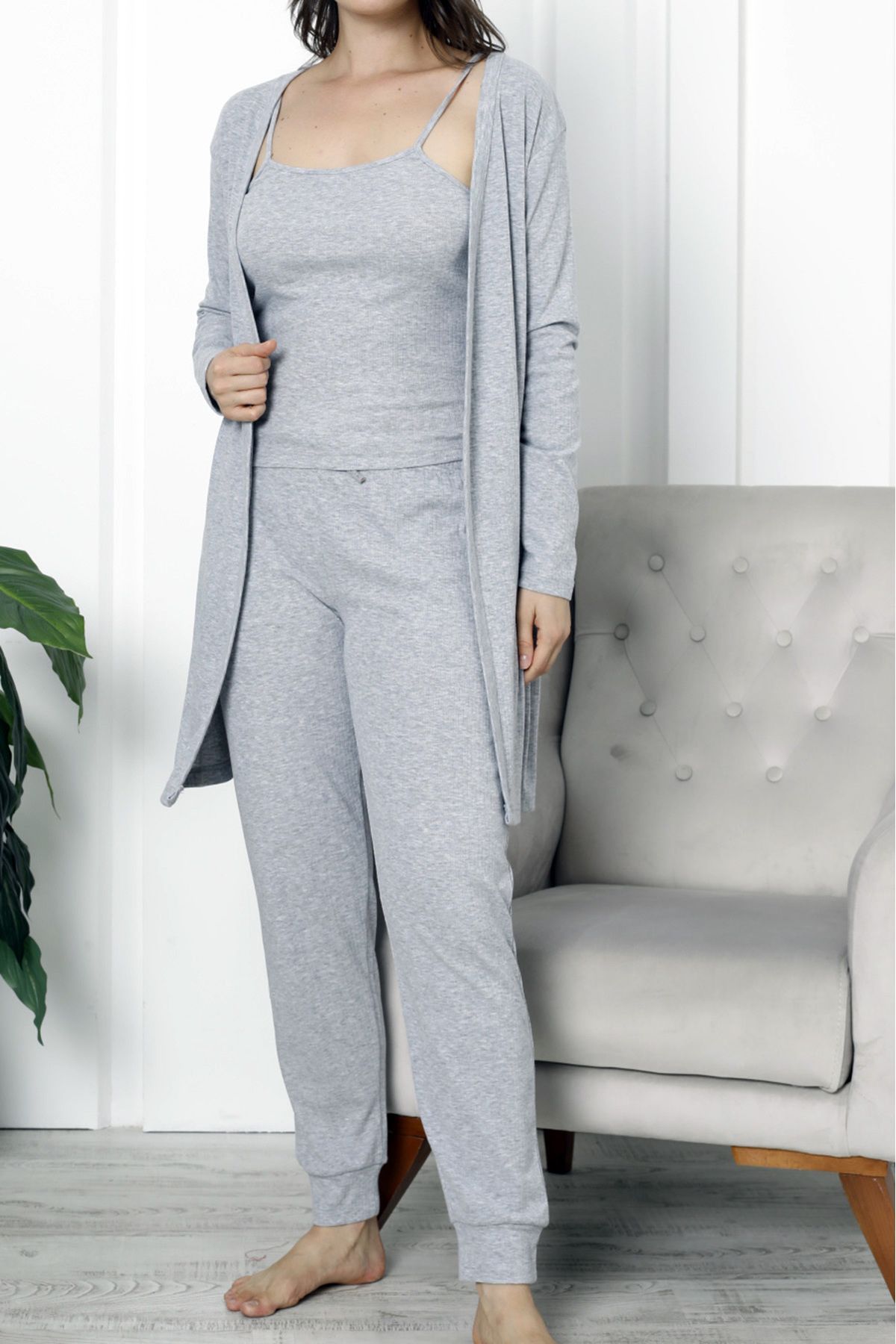 Nicoletta Kadın Sabahlıklı Pijama Takımı İp Askılı Pamuk Likrali Kaşkorse 3 Lu GRİ