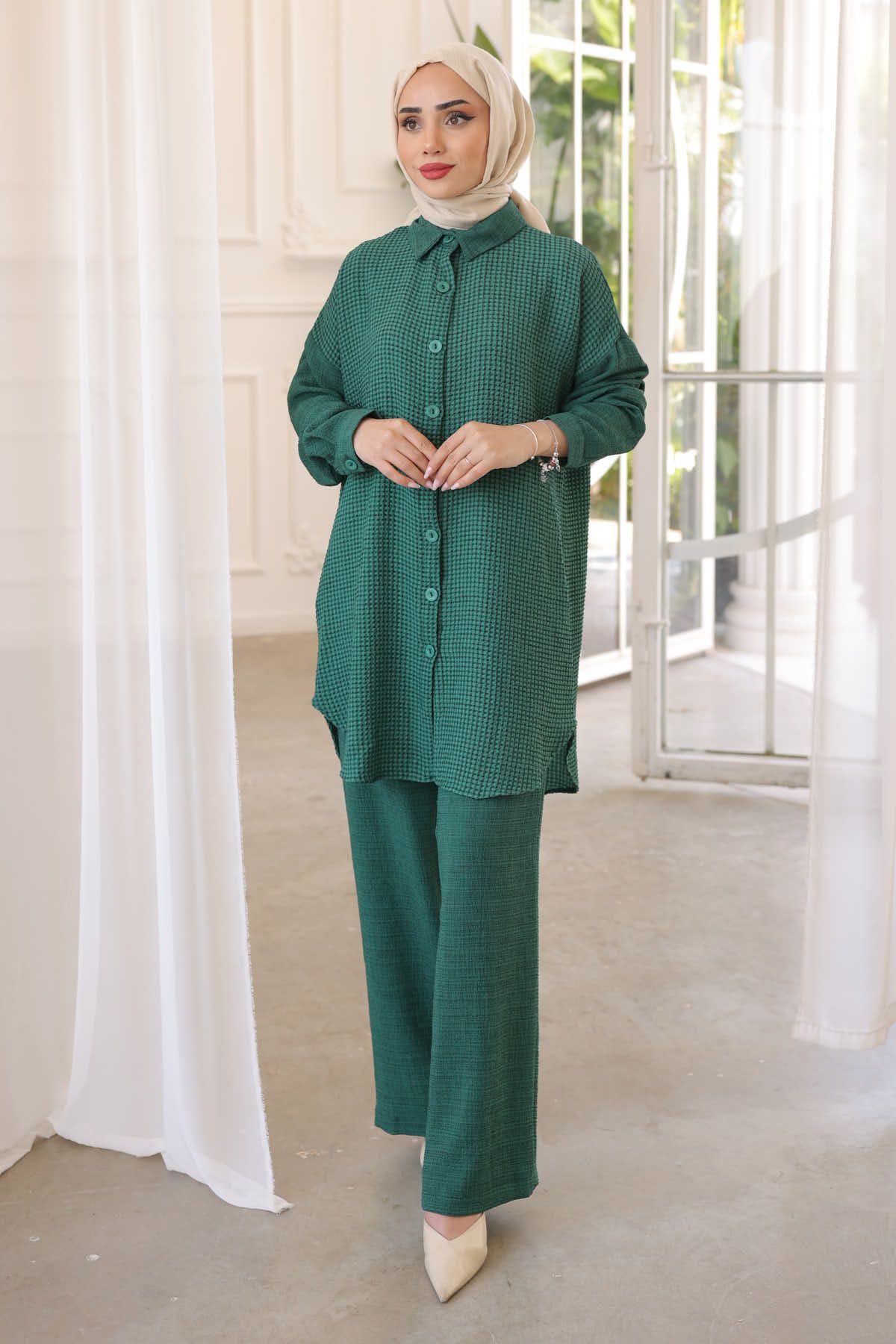 İmajButik Zümrüt Yeşili Kendinden Desenli Tunik Pantolon Takım