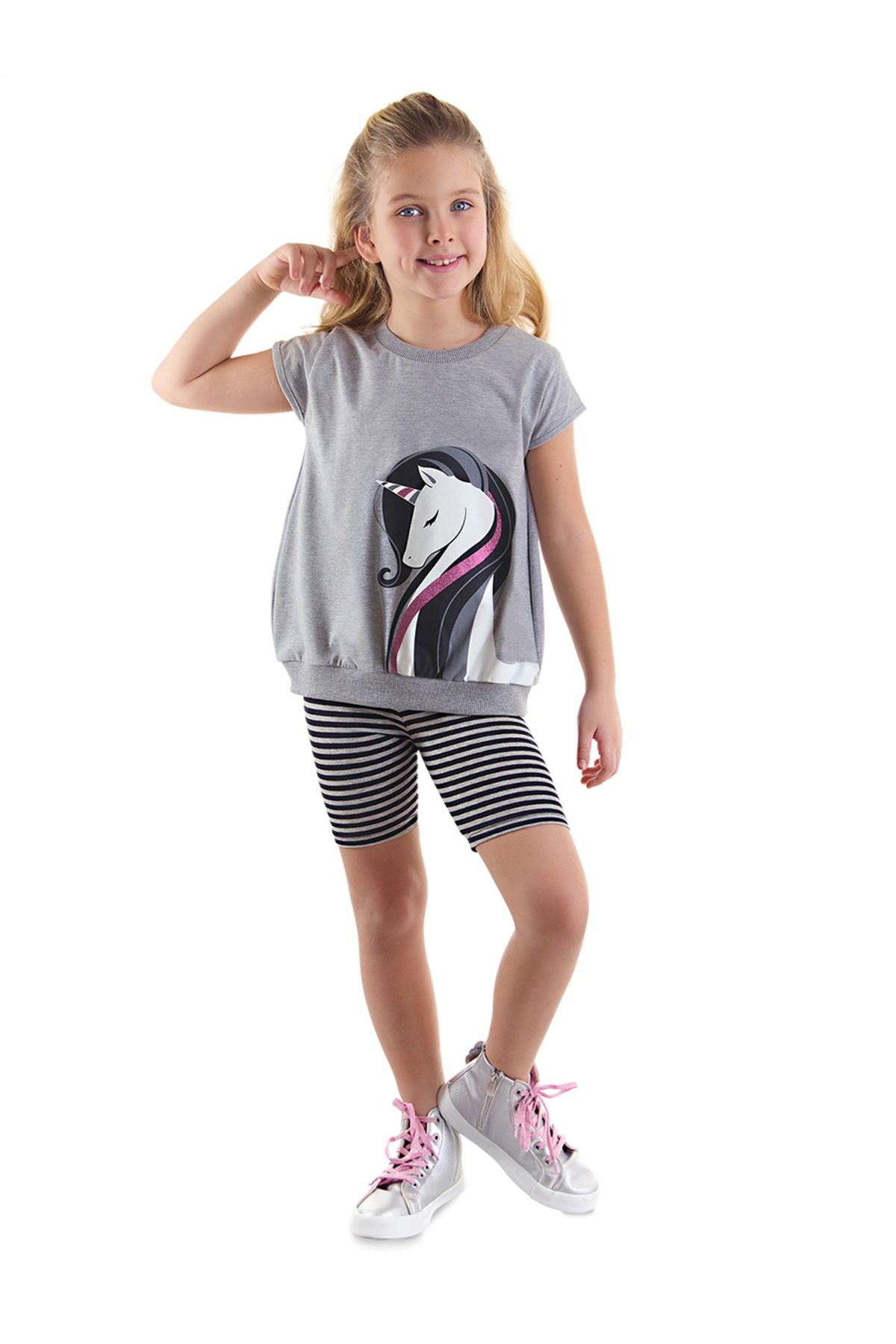 Denokids Çizgili Unicorn Kız Çocuk Gri Siyah Yazlık T-shirt Tayt Takım