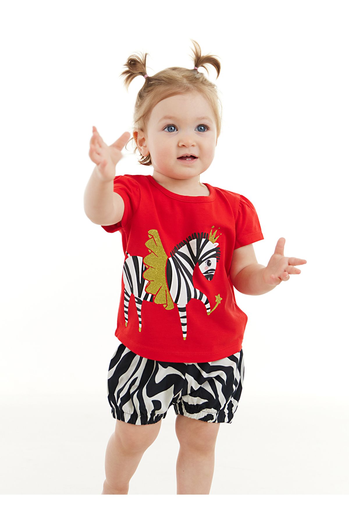 Denokids Balerin Zebra Kız Bebek T-shirt Poplin Şort Takım
