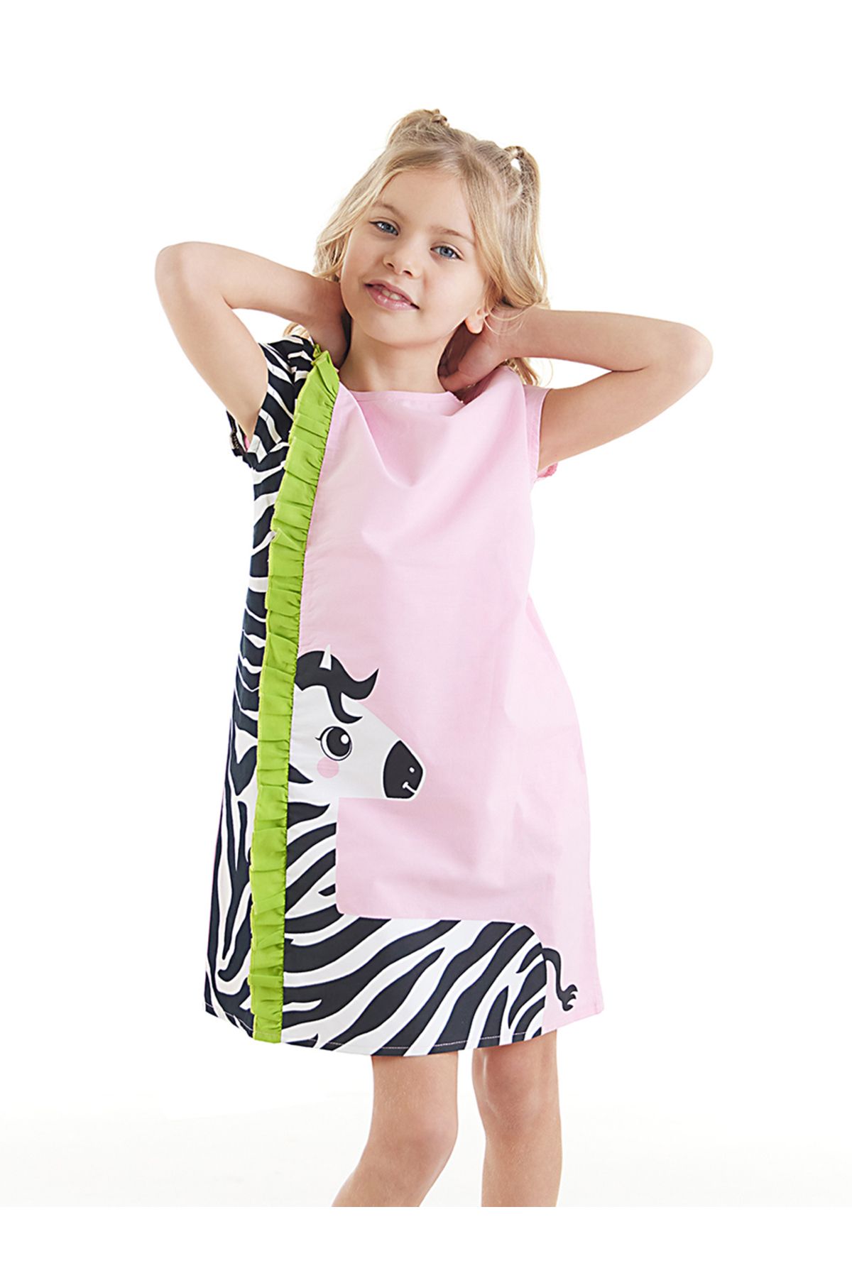 Denokids Fırfırlı Zebra Kız Çocuk Pembe Yazlık Elbise