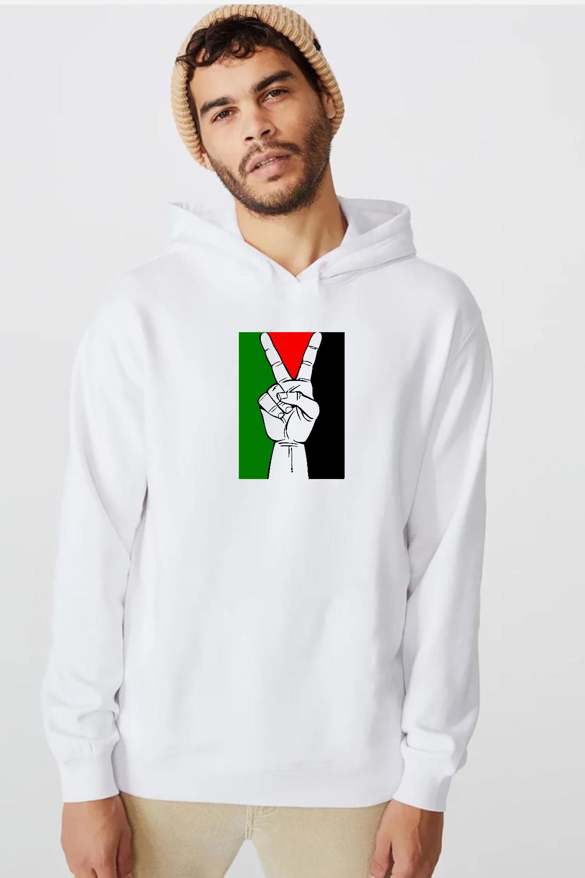 Tshirthane Free Hand Palestine Flag Beyaz Erkek 3ip Kapşonlu Sweatshirt